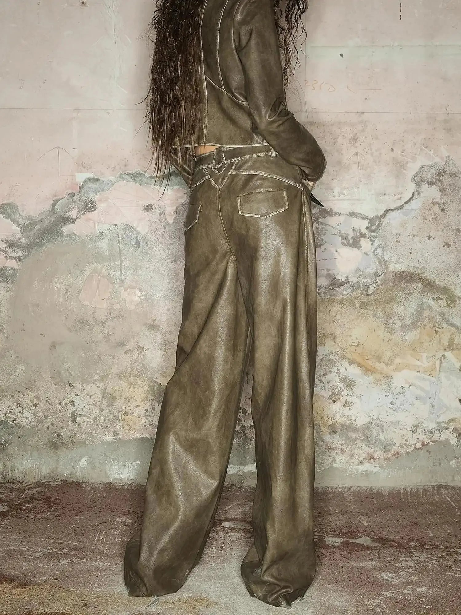 Straight Leg Faded Wide Cuff Leather Pants