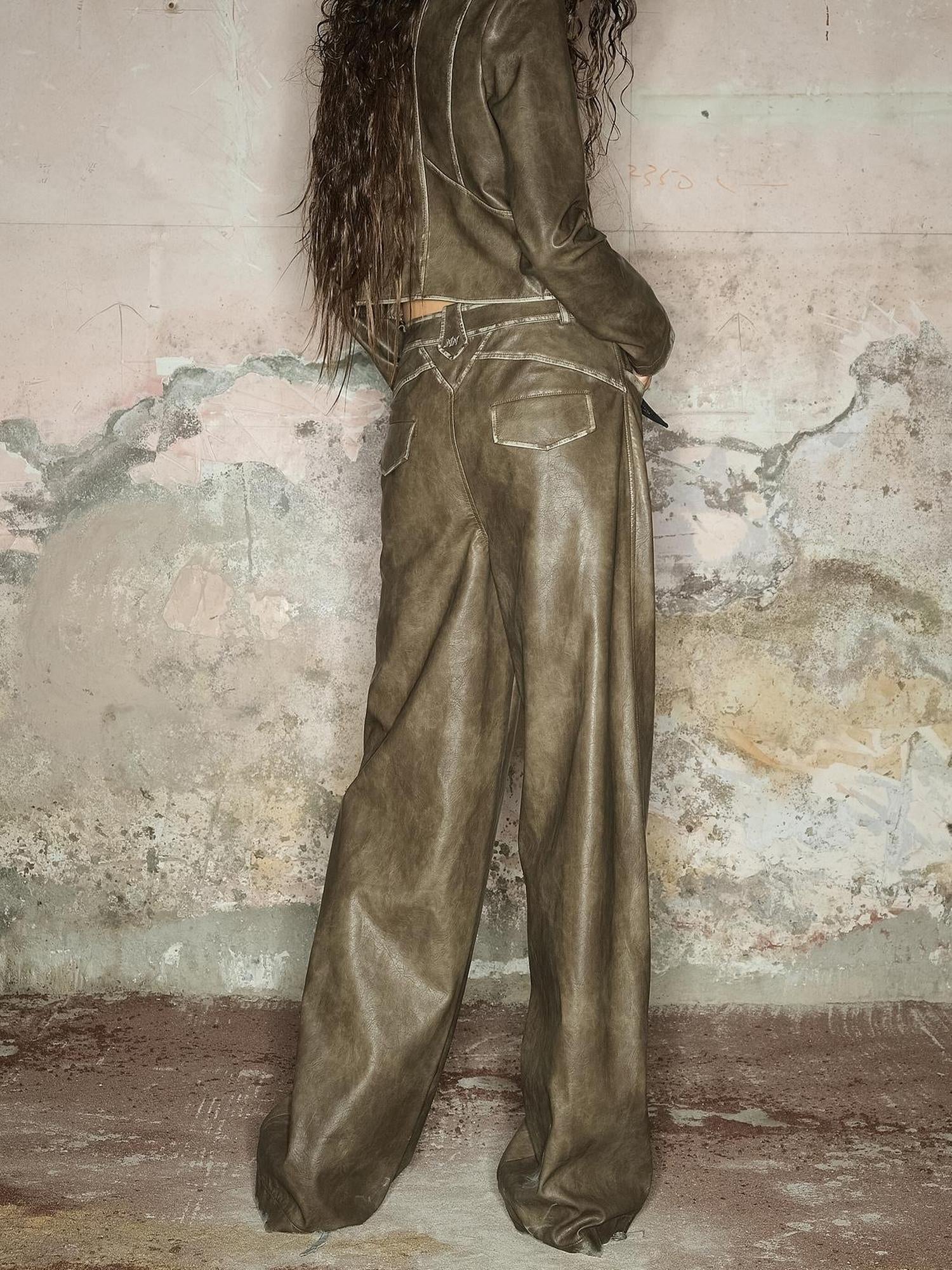 UpdateNN NORTH NODE Straight Leg Faded Wide Cuff Leather Pants