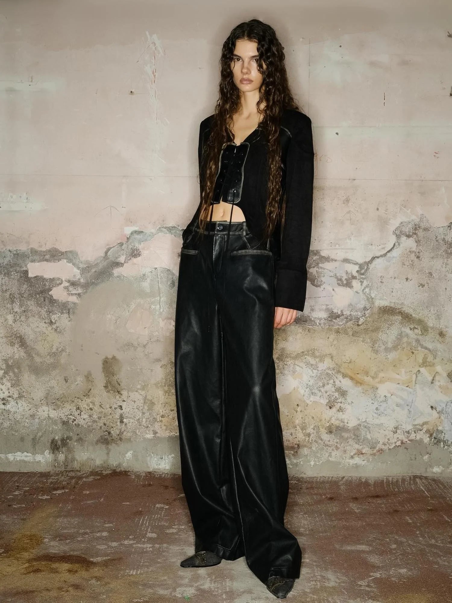 Straight Leg Faded Wide Cuff Leather Pants