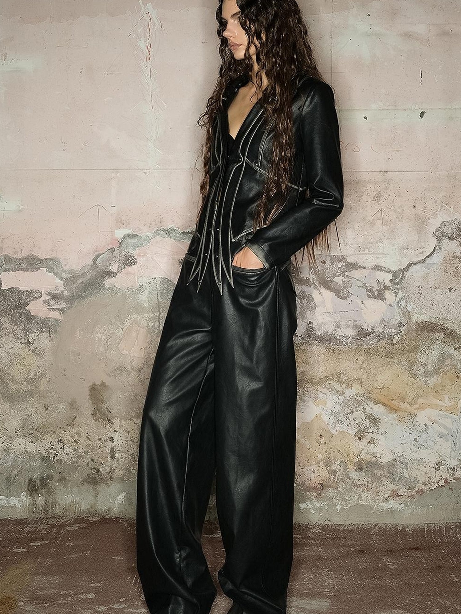 UpdateNN NORTH NODE Straight Leg Faded Wide Cuff Leather Pants