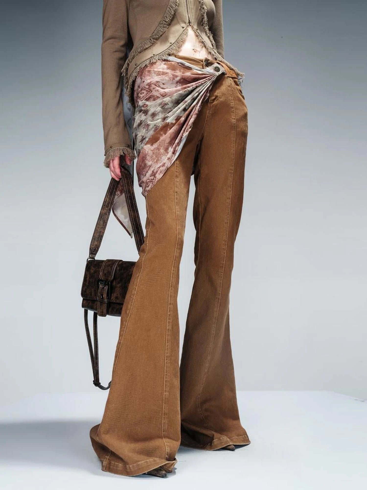 Stretch Denim Flare Pants With Detachable Printed Scarf
