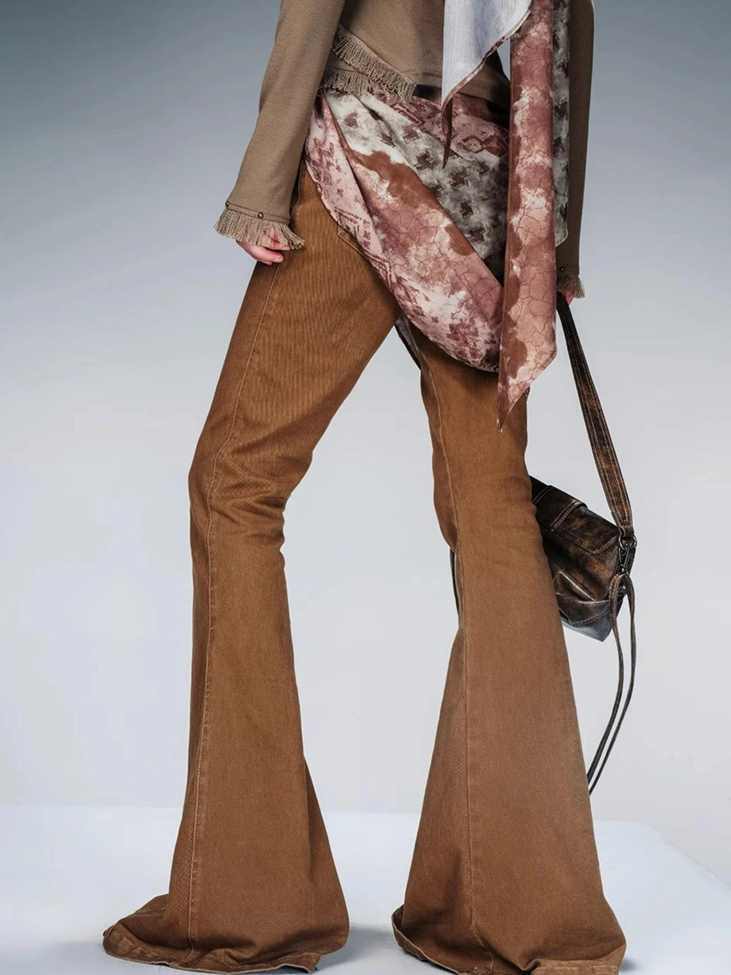 Stretch Denim Flare Pants With Detachable Printed Scarf