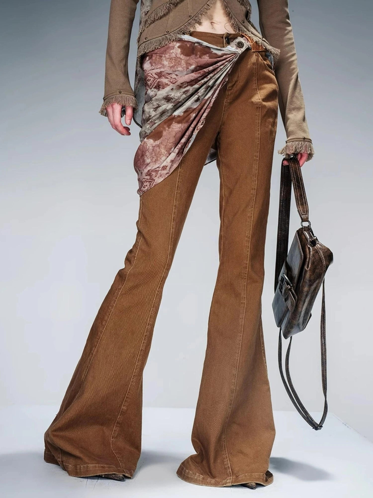 Stretch Denim Flare Pants With Detachable Printed Scarf