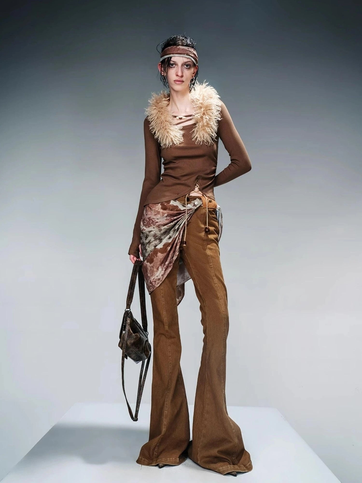 Stretch Denim Flare Pants With Detachable Printed Scarf