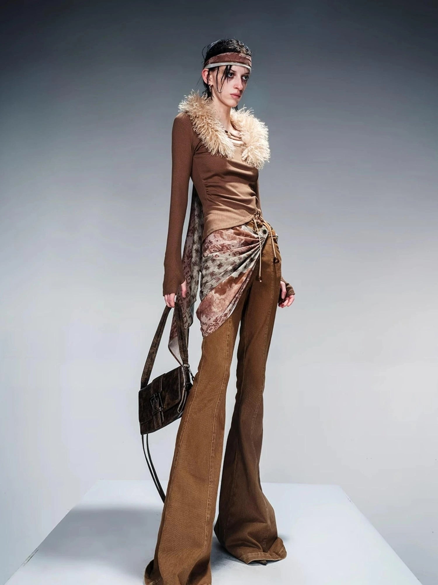 Stretch Denim Flare Pants With Detachable Printed Scarf