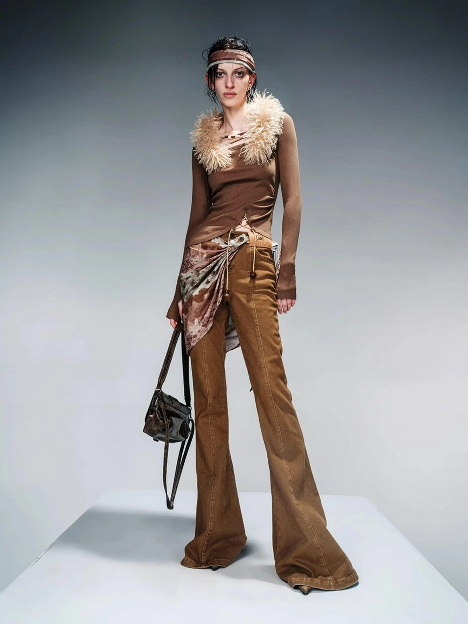 Stretch Denim Flare Pants With Detachable Printed Scarf