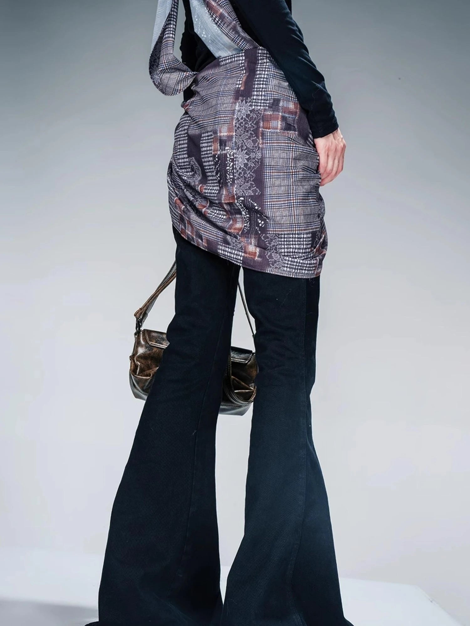Stretch Denim Flare Pants With Detachable Printed Scarf