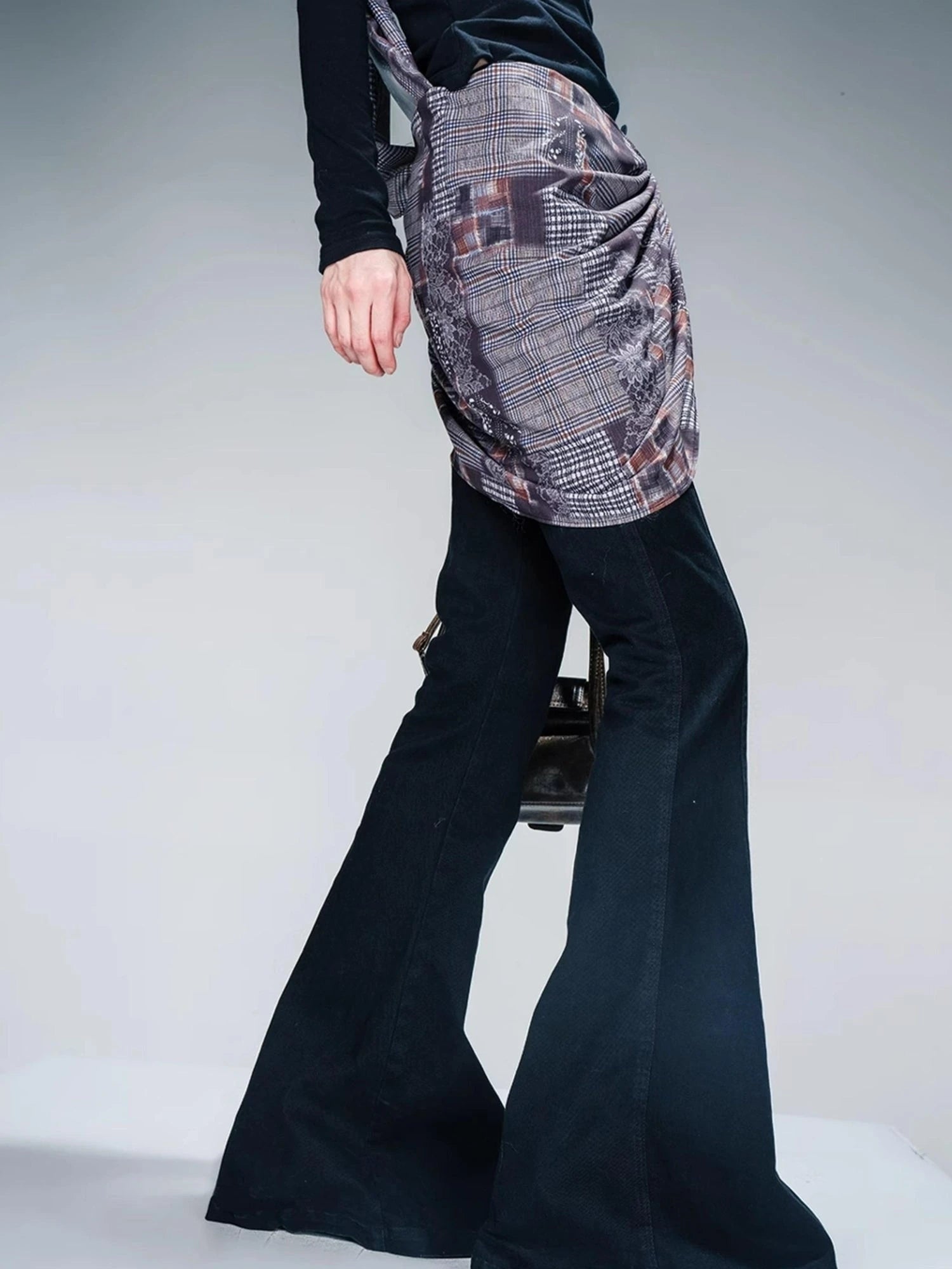 Stretch Denim Flare Pants With Detachable Printed Scarf