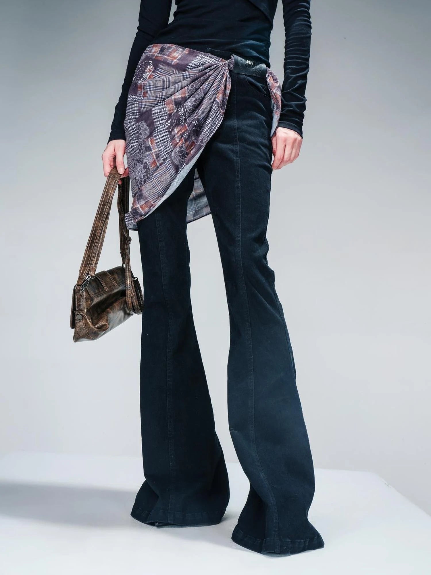Stretch Denim Flare Pants With Detachable Printed Scarf