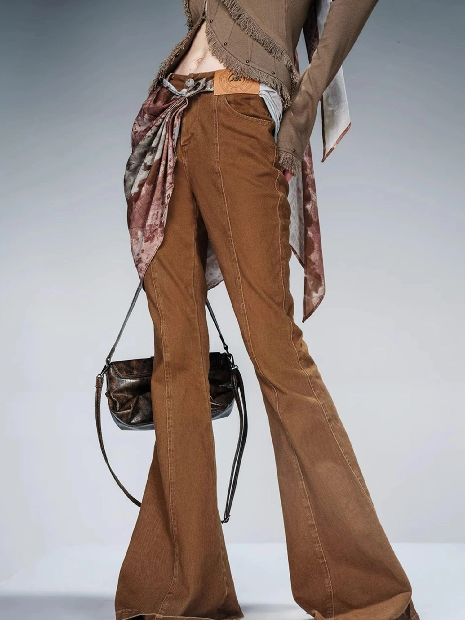 Stretch Denim Flare Pants With Detachable Printed Scarf