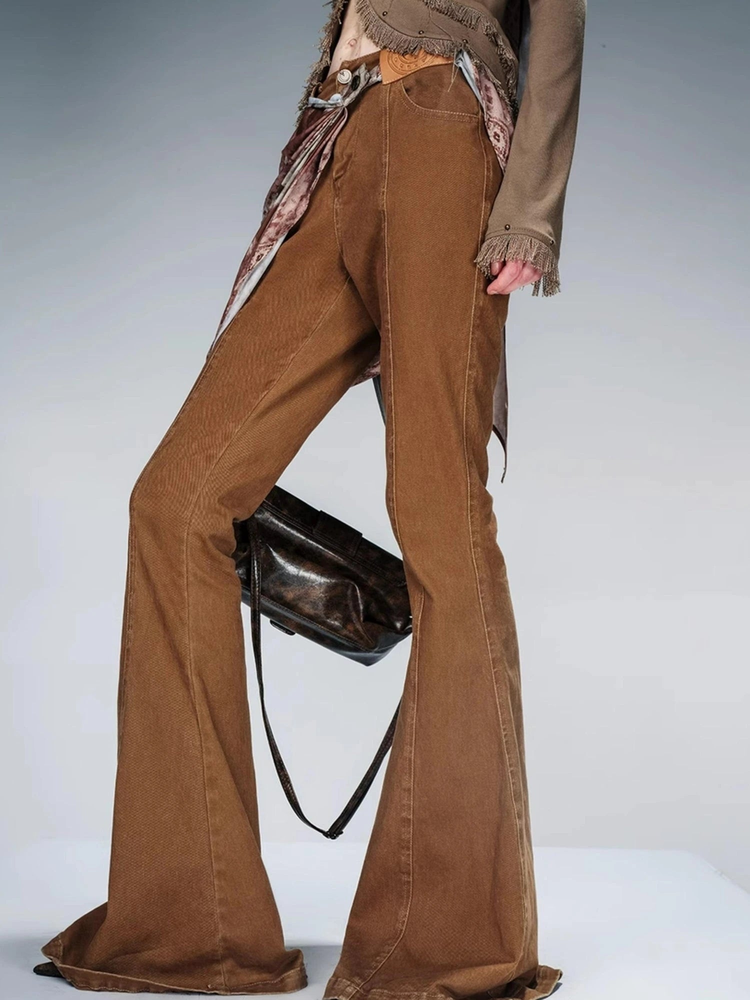 Stretch Denim Flare Pants With Detachable Printed Scarf