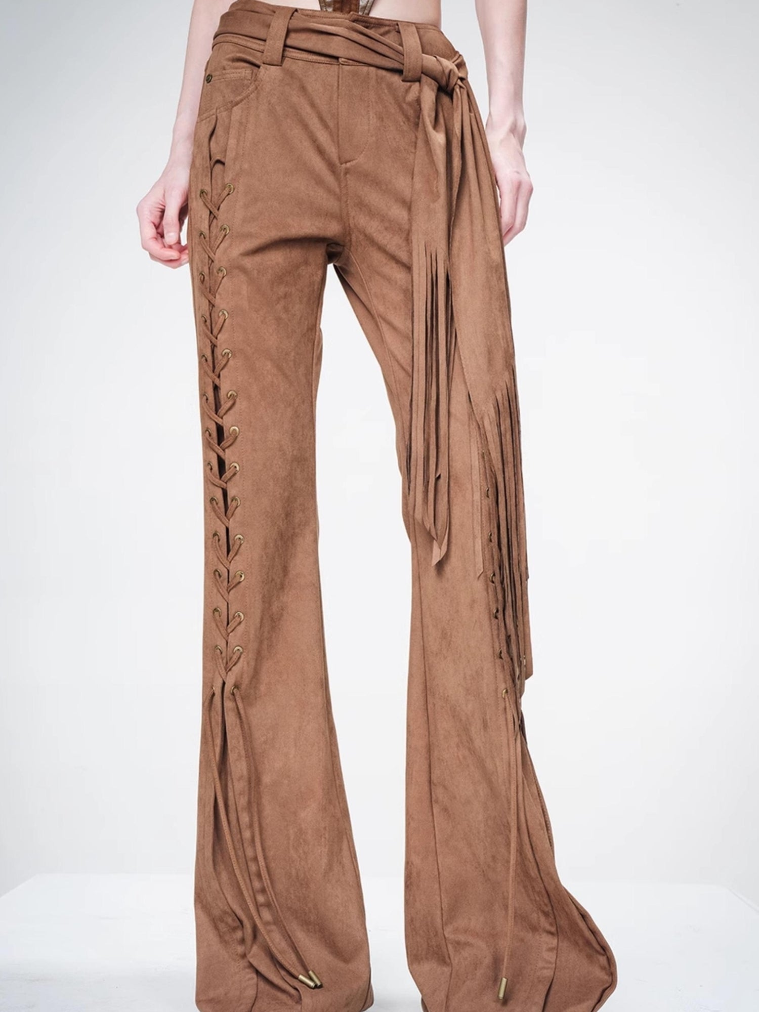 UpdateNN NORTH NODE Suede Flared Trousers with Detachable Waist Sash and Lacing Detail
