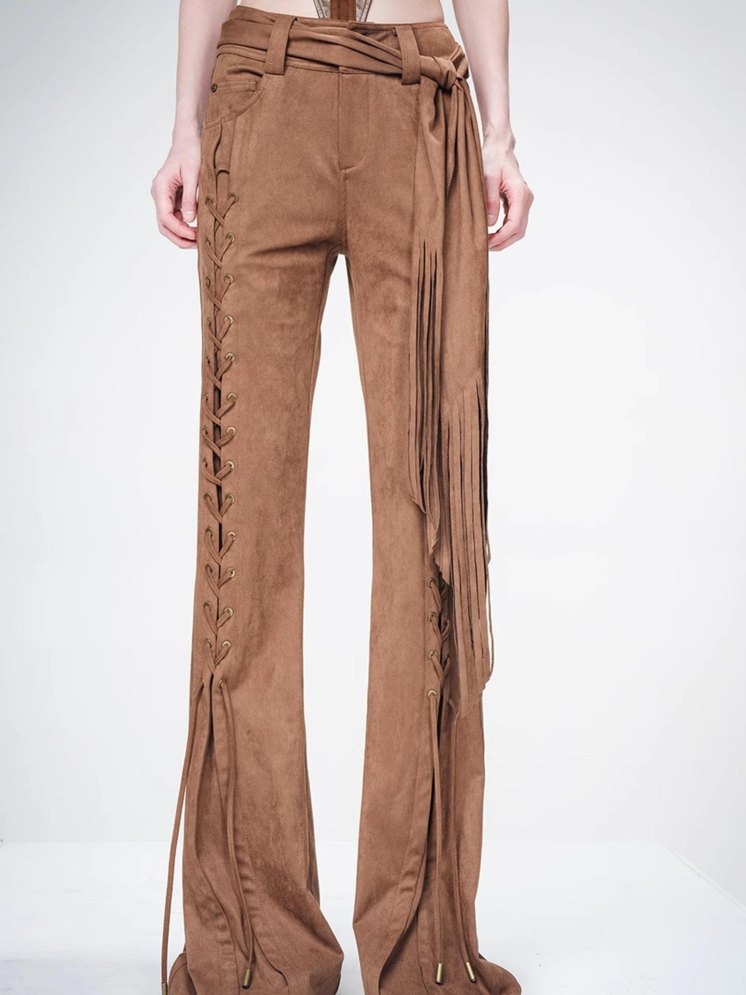 UpdateNN NORTH NODE Suede Flared Trousers with Detachable Waist Sash and Lacing Detail
