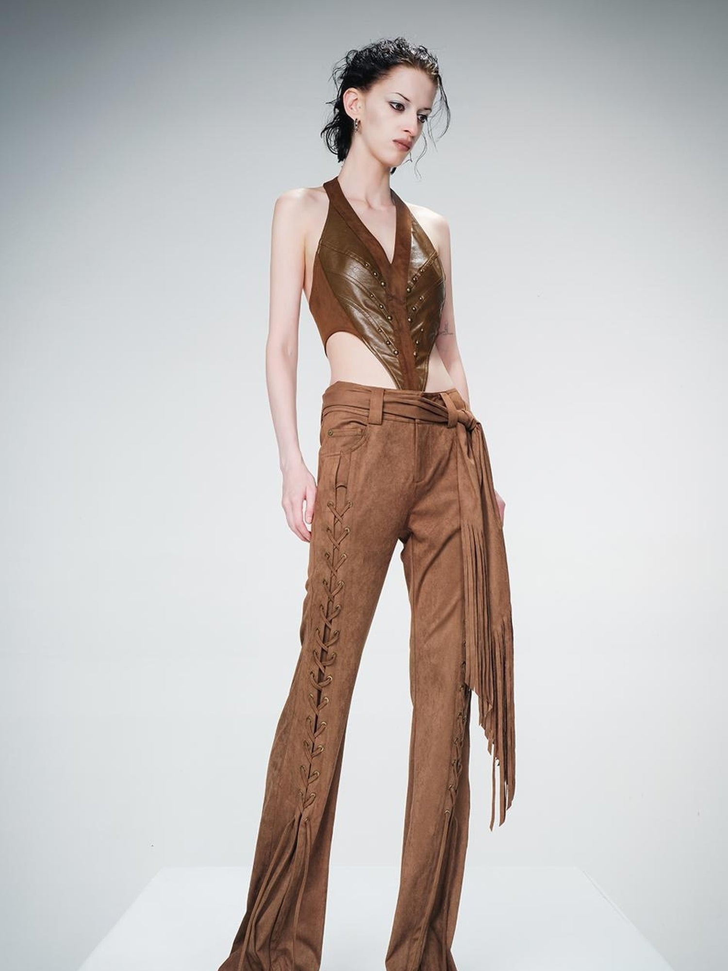UpdateNN NORTH NODE Suede Flared Trousers with Detachable Waist Sash and Lacing Detail