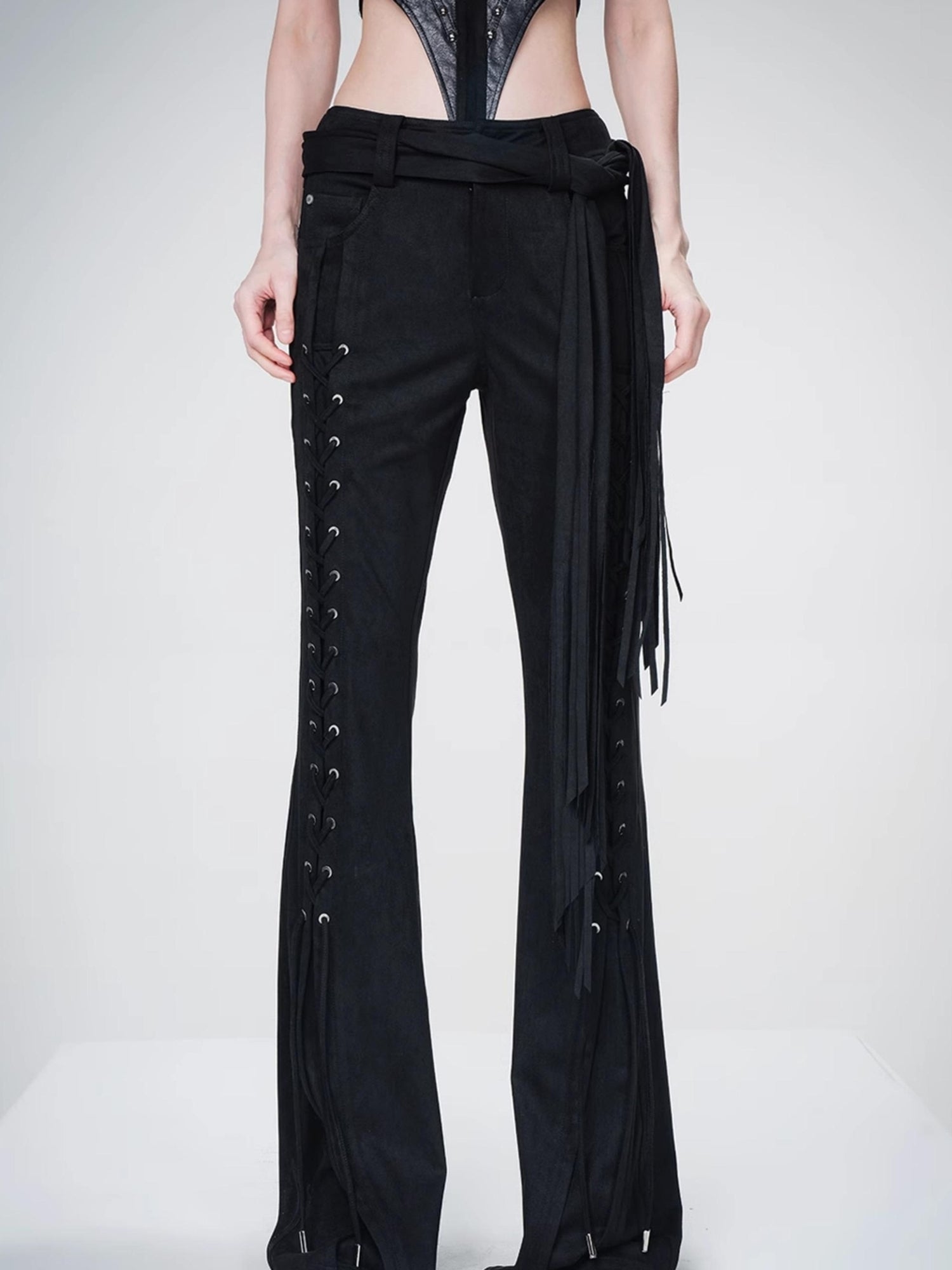 UpdateNN NORTH NODE Suede Flared Trousers with Detachable Waist Sash and Lacing Detail