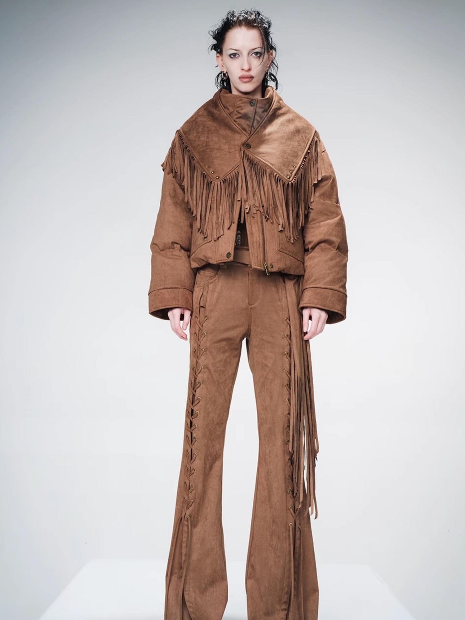 UpdateNN NORTH NODE Suede Flared Trousers with Detachable Waist Sash and Lacing Detail