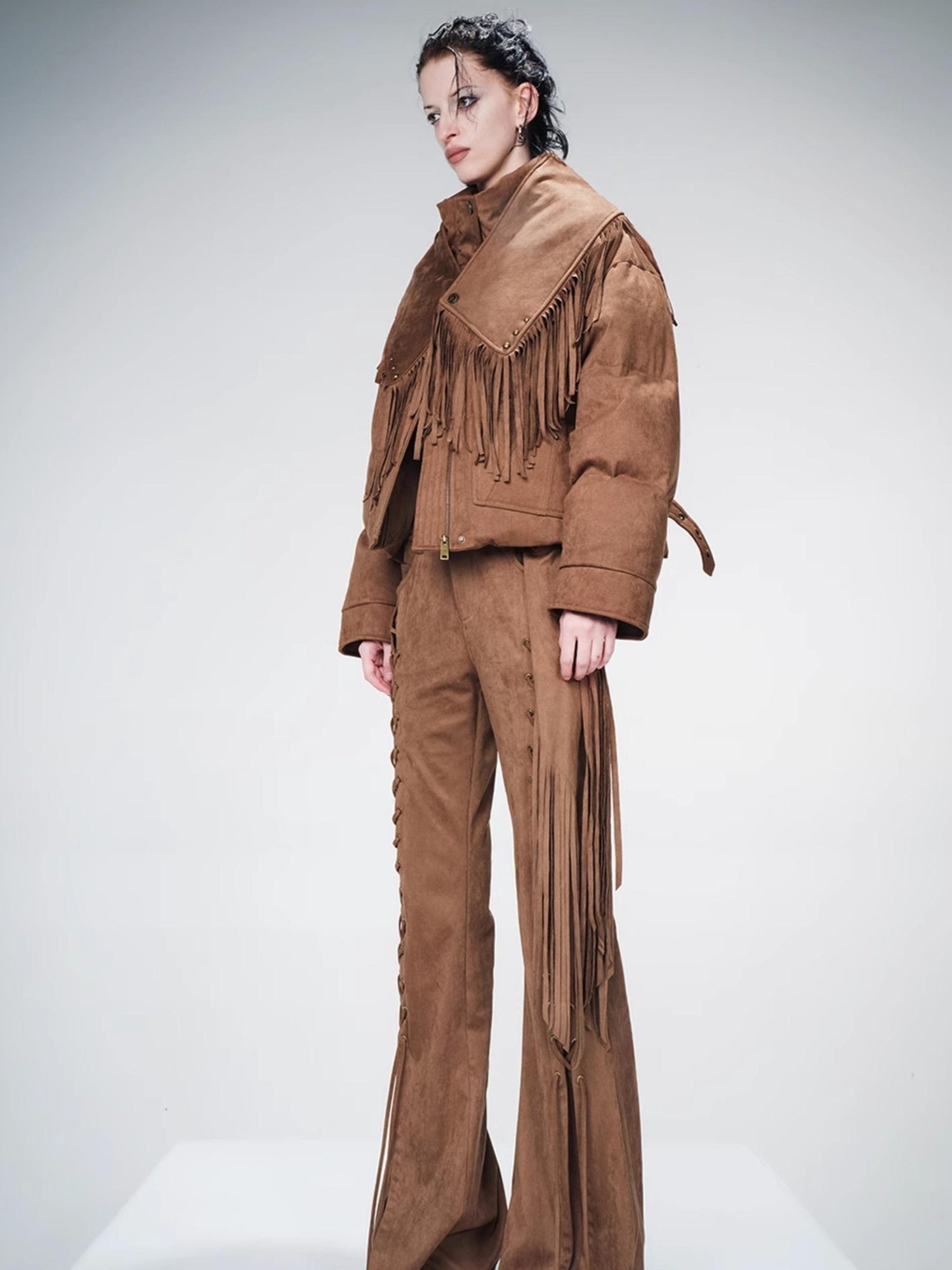 UpdateNN NORTH NODE Suede Flared Trousers with Detachable Waist Sash and Lacing Detail