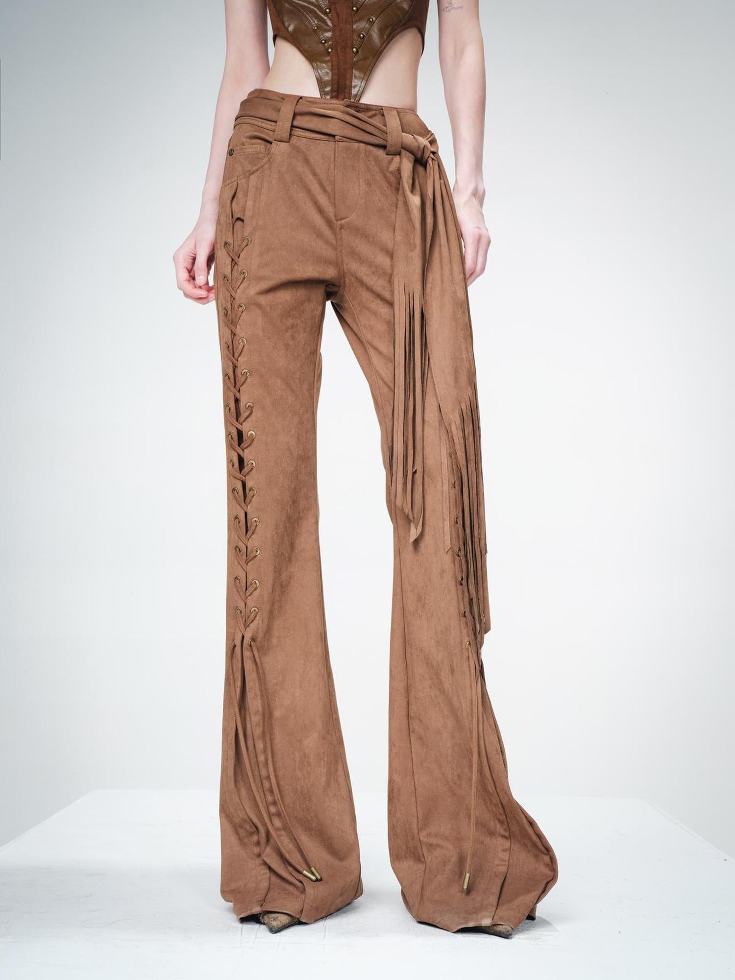 UpdateNN NORTH NODE Suede Flared Trousers with Detachable Waist Sash and Lacing Detail