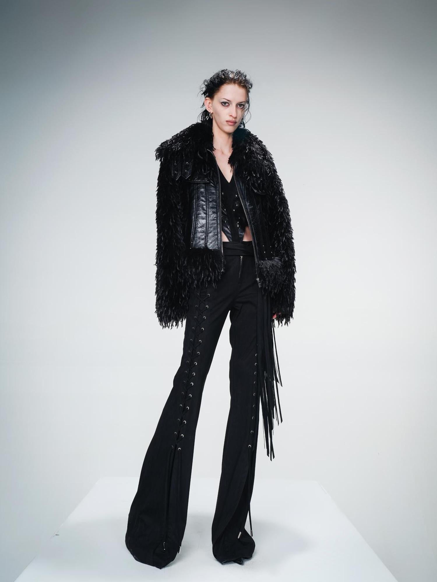 UpdateNN NORTH NODE Suede Flared Trousers with Detachable Waist Sash and Lacing Detail