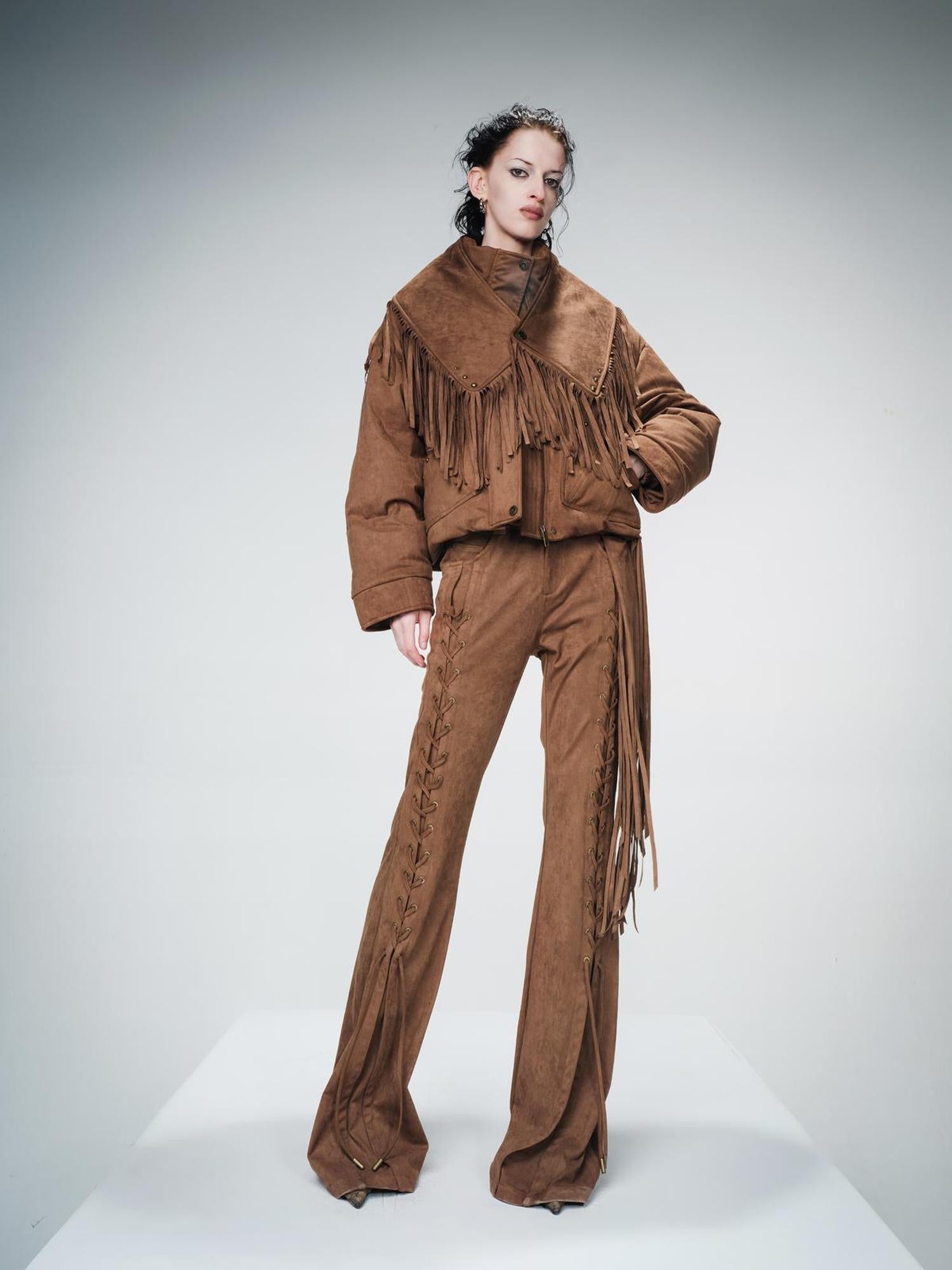 UpdateNN NORTH NODE Suede Flared Trousers with Detachable Waist Sash and Lacing Detail