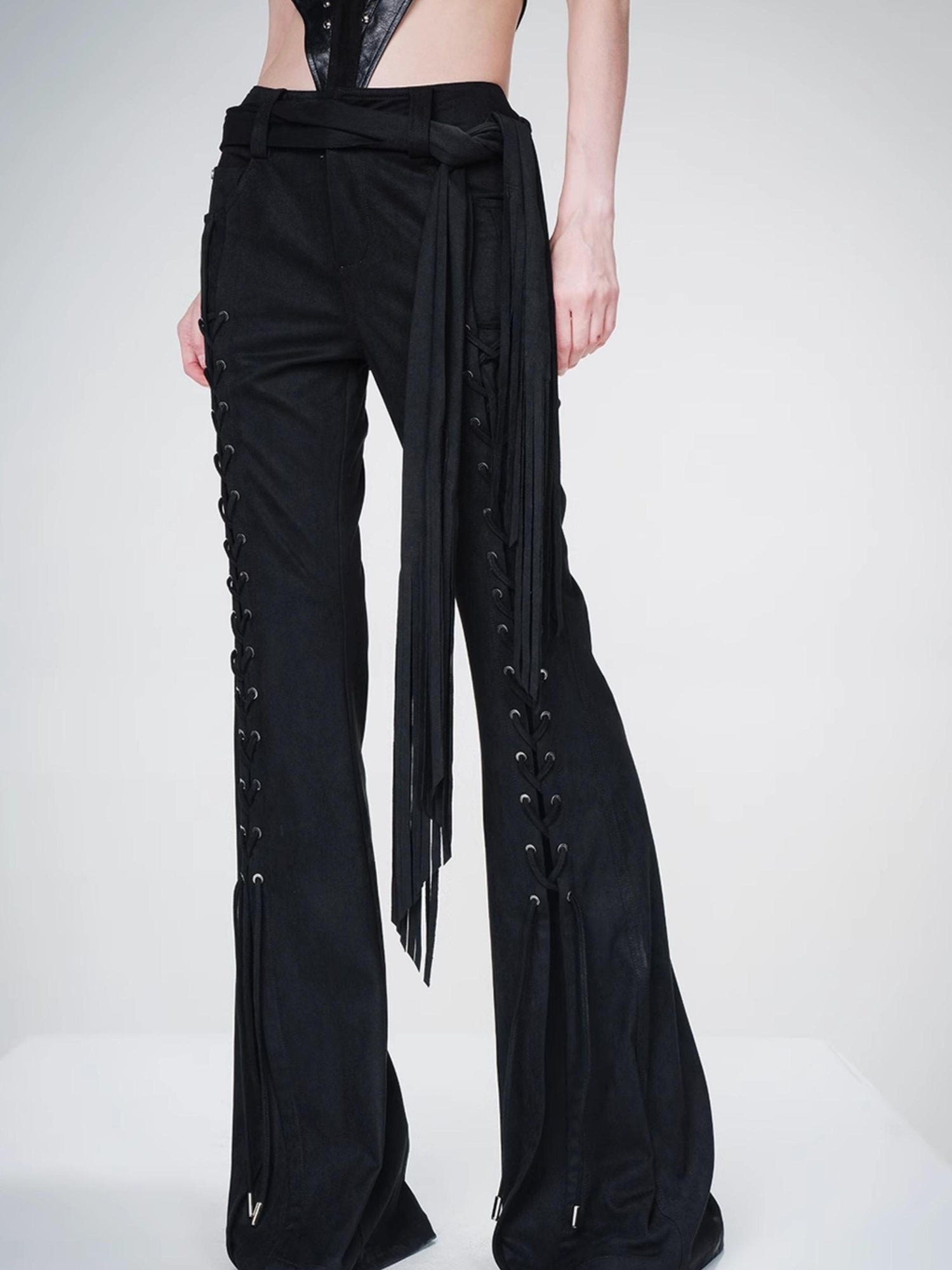 UpdateNN NORTH NODE Suede Flared Trousers with Detachable Waist Sash and Lacing Detail