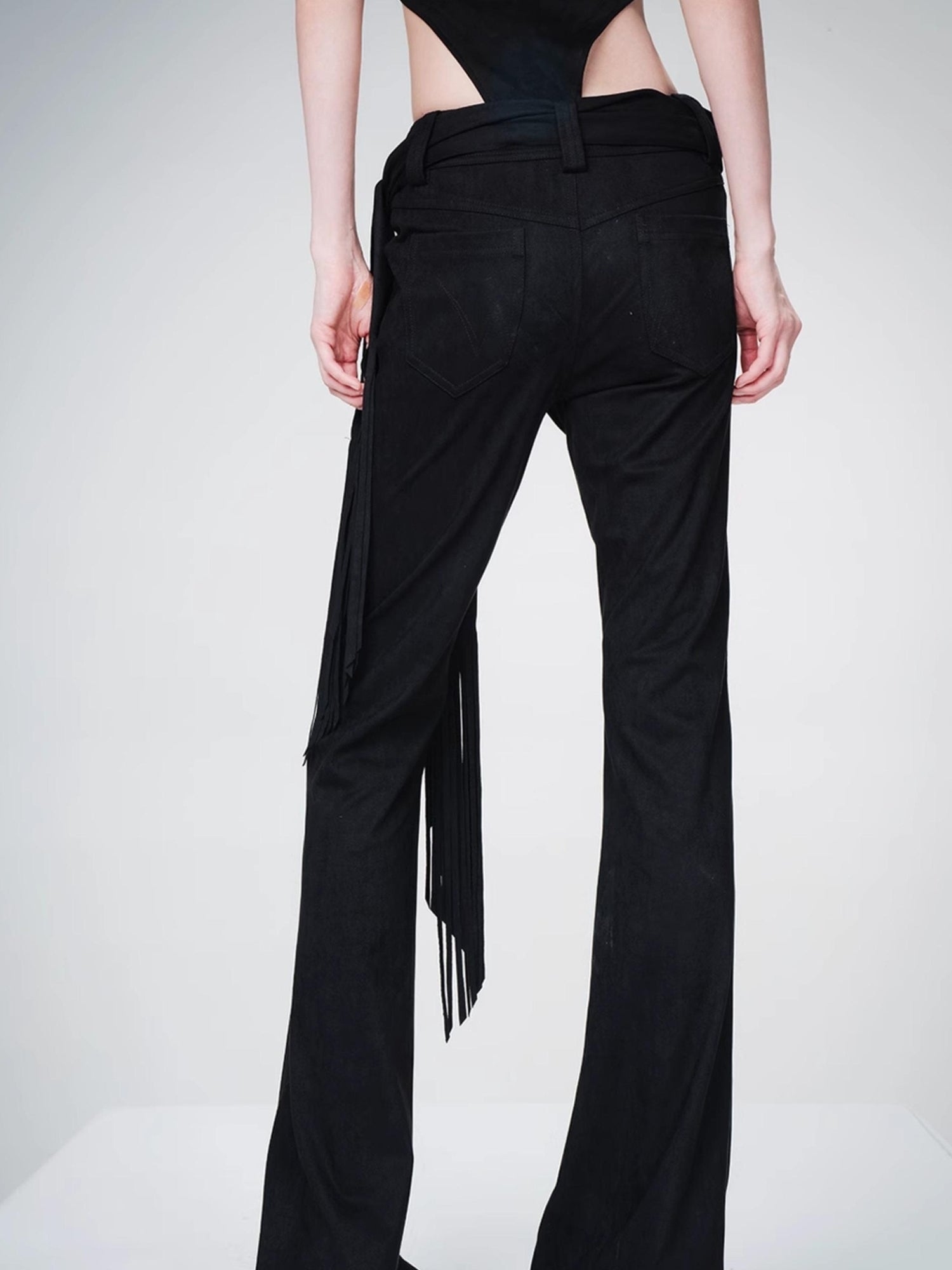 UpdateNN NORTH NODE Suede Flared Trousers with Detachable Waist Sash and Lacing Detail