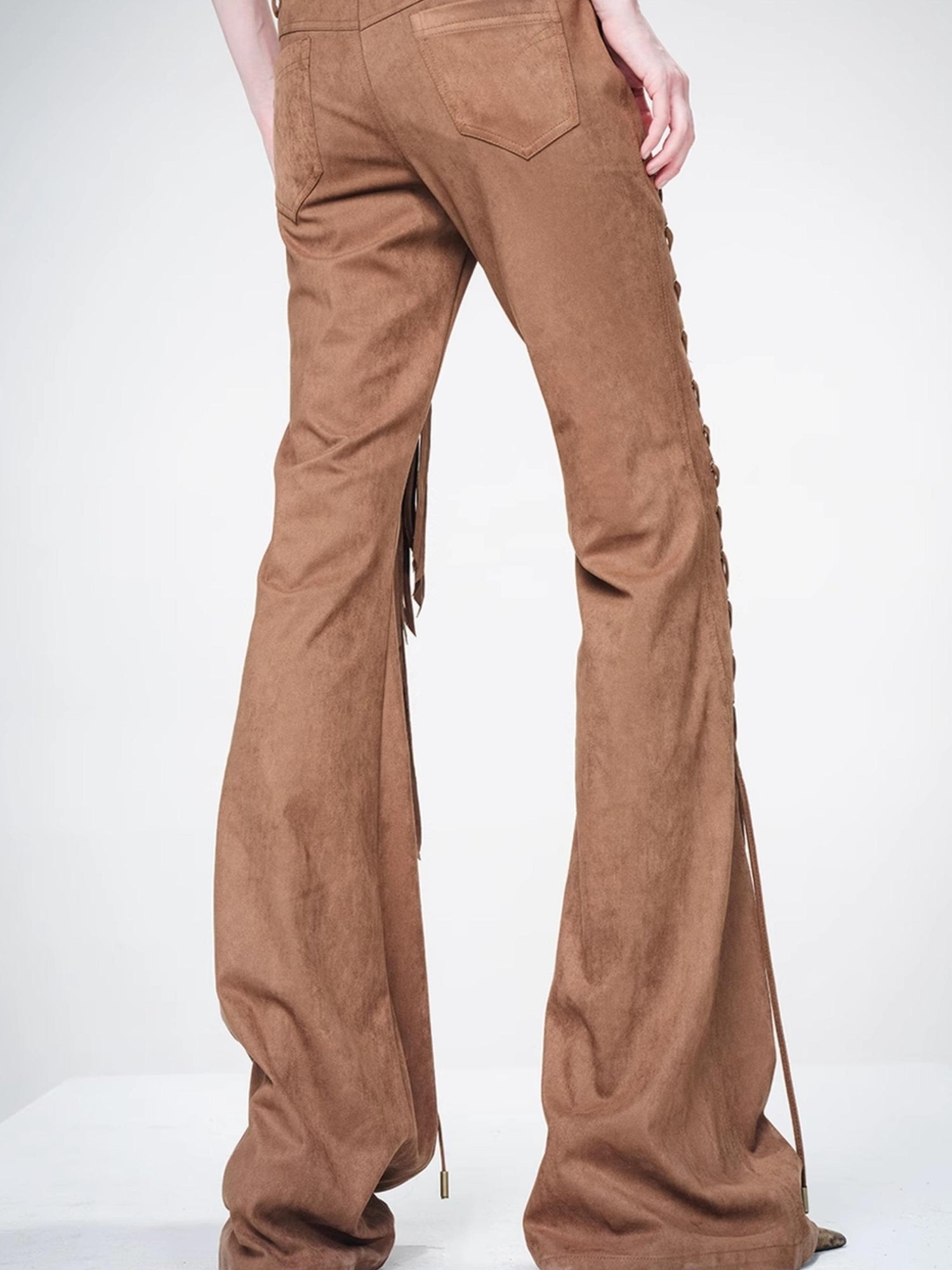 UpdateNN NORTH NODE Suede Flared Trousers with Detachable Waist Sash and Lacing Detail