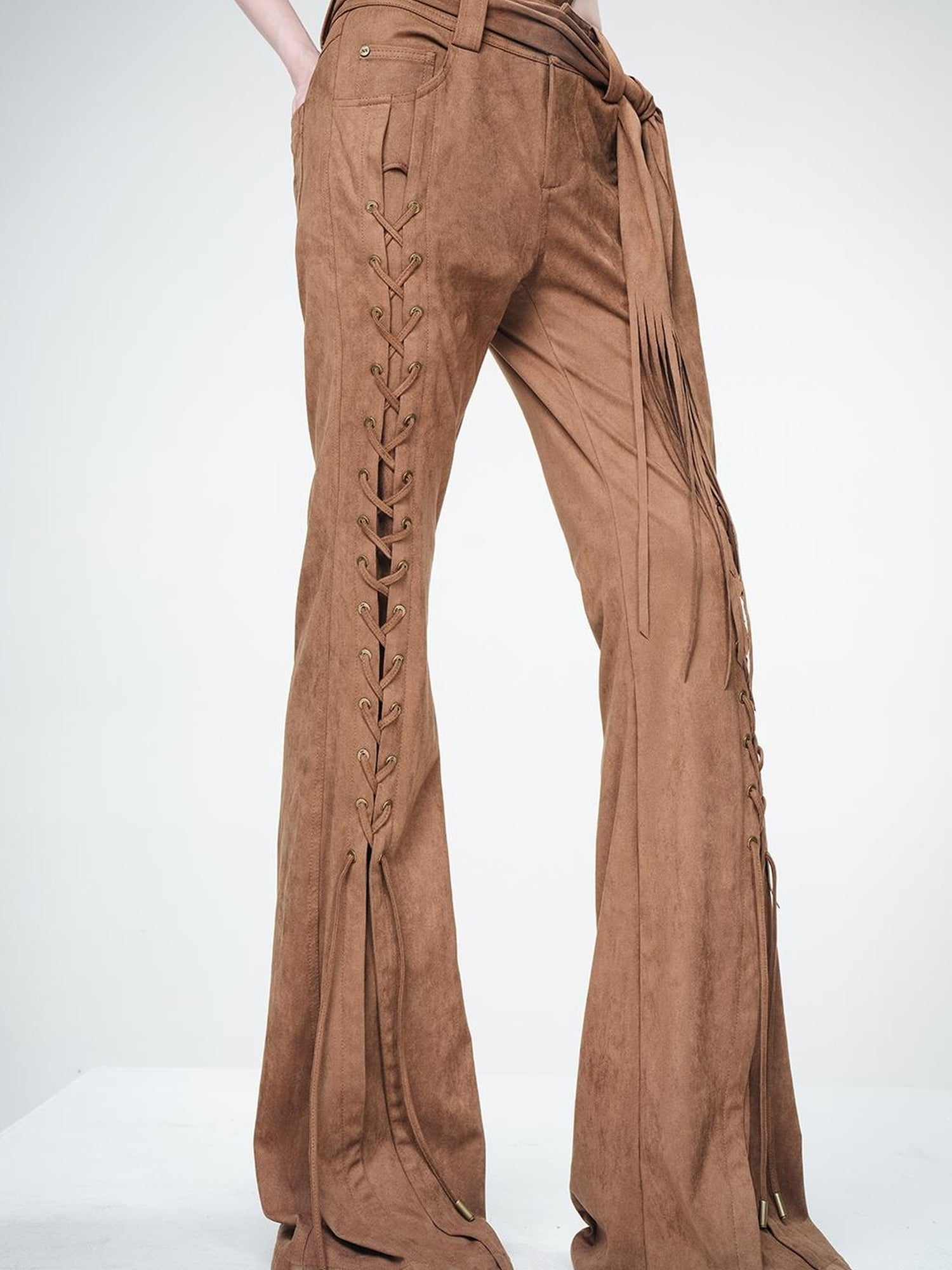 UpdateNN NORTH NODE Suede Flared Trousers with Detachable Waist Sash and Lacing Detail