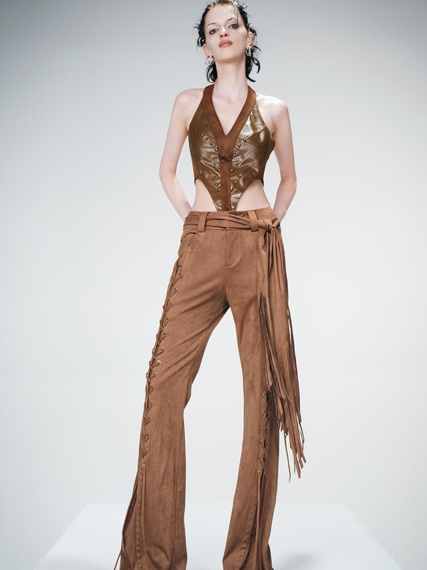UpdateNN NORTH NODE Suede Flared Trousers with Detachable Waist Sash and Lacing Detail