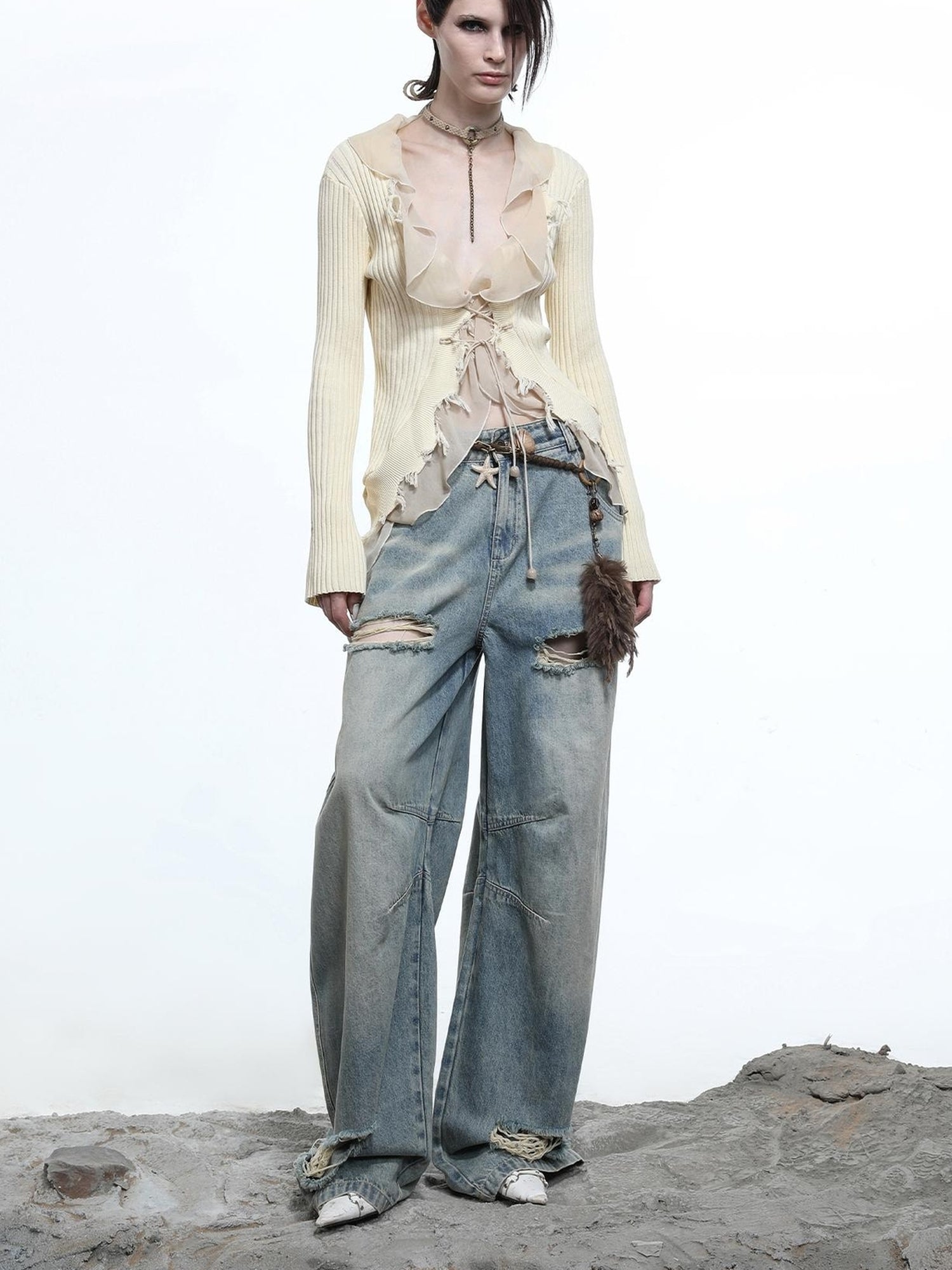 NN NORTH NODE Tattered Lace Mesh Trimmed Knit Cardigan