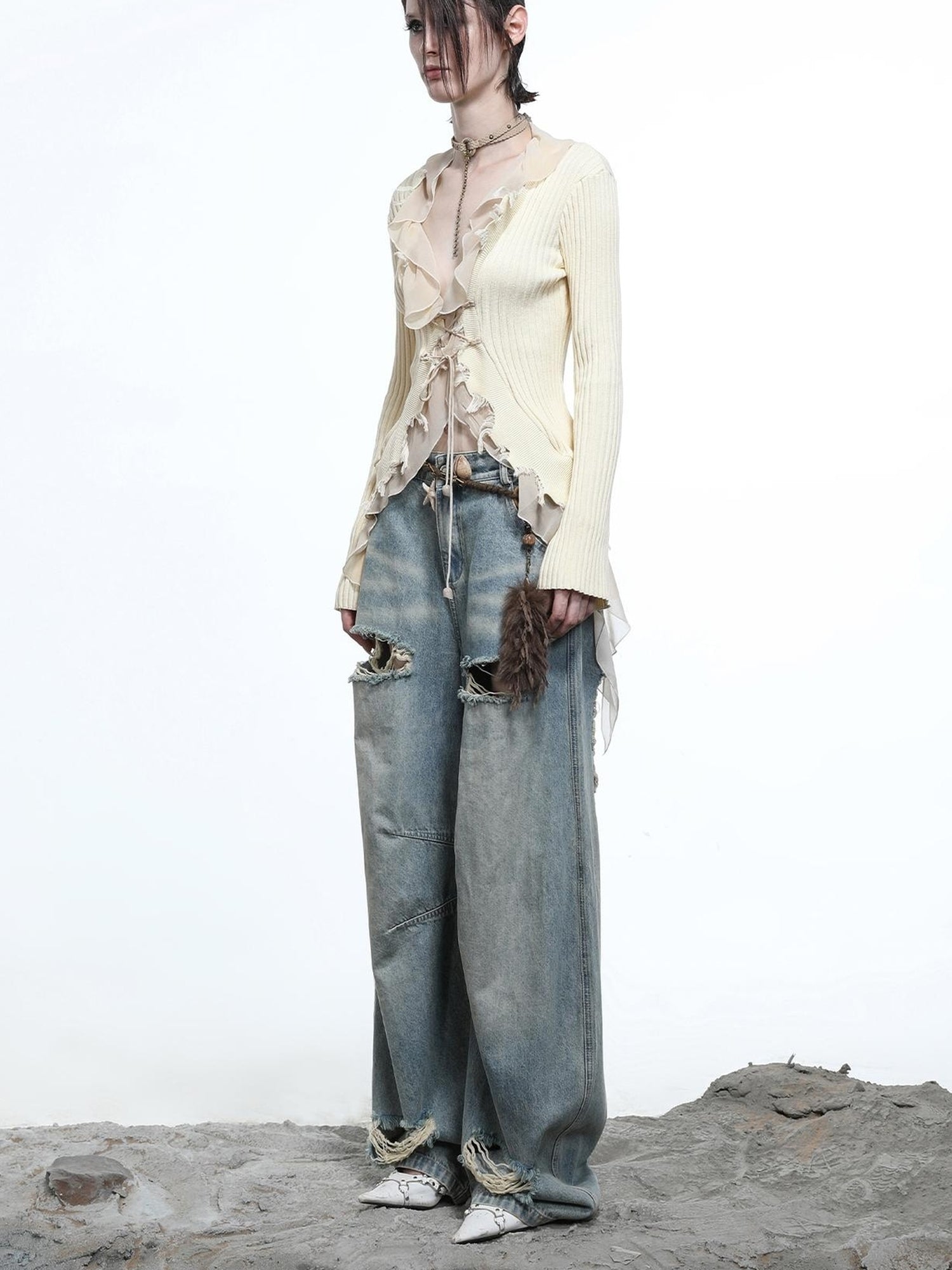 NN NORTH NODE Tattered Lace Mesh Trimmed Knit Cardigan