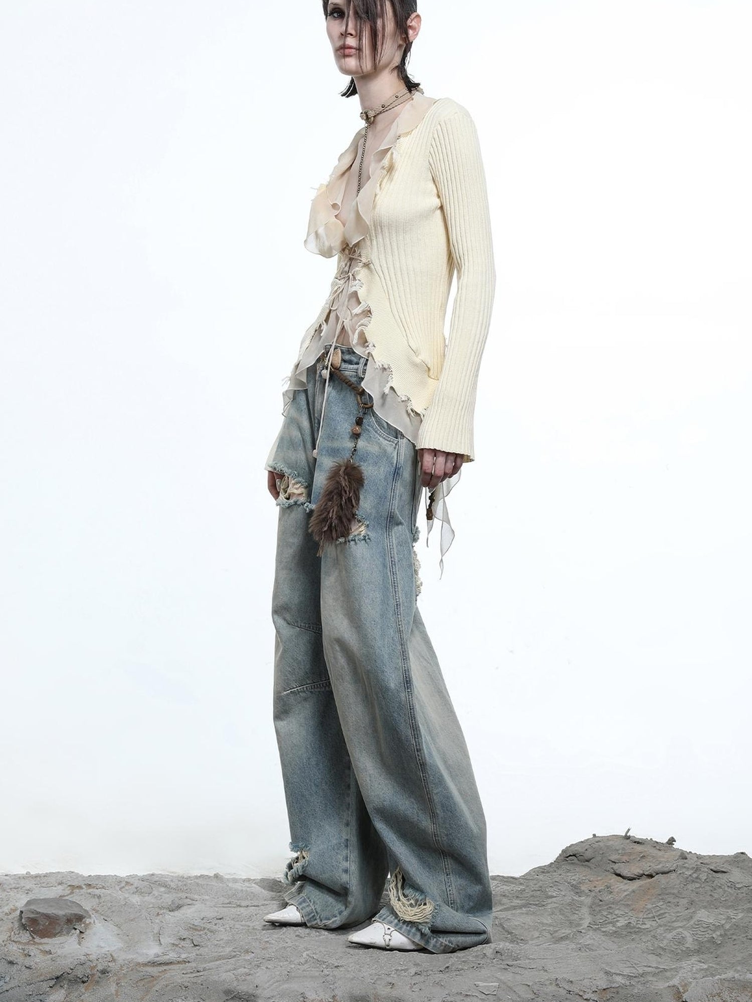NN NORTH NODE Tattered Lace Mesh Trimmed Knit Cardigan