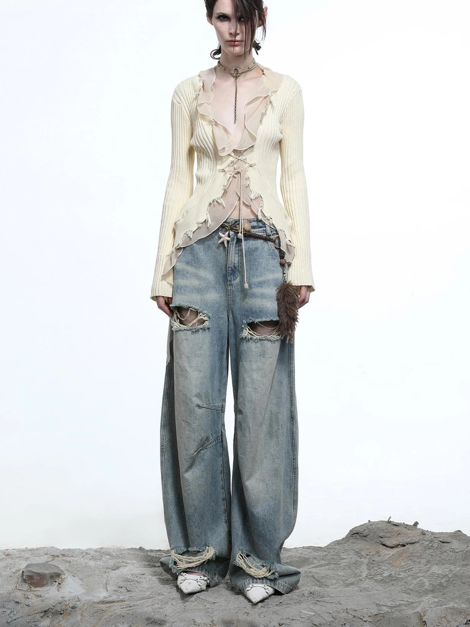 Tattered Lace Mesh Trimmed Knit Cardigan