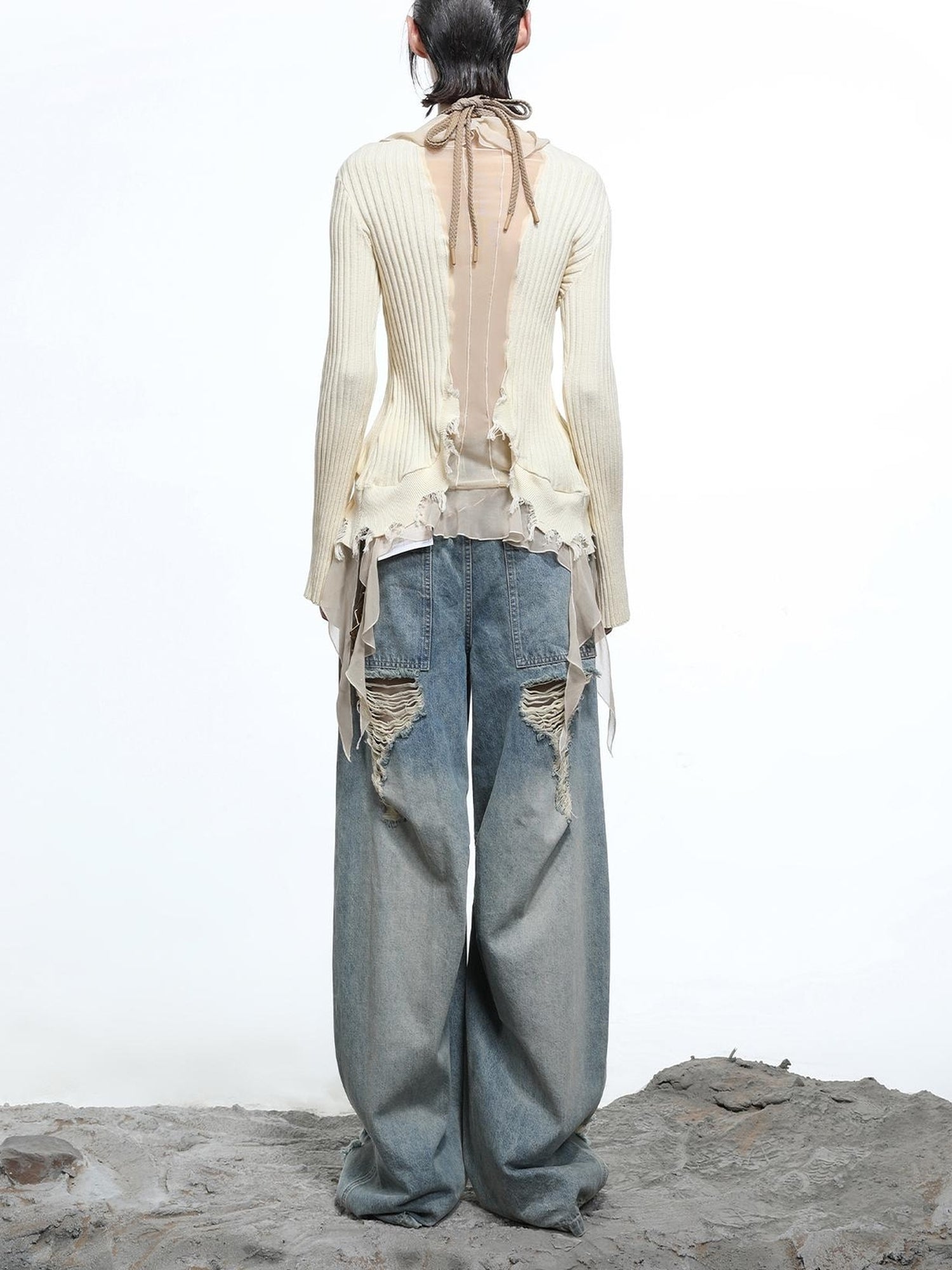 NN NORTH NODE Tattered Lace Mesh Trimmed Knit Cardigan
