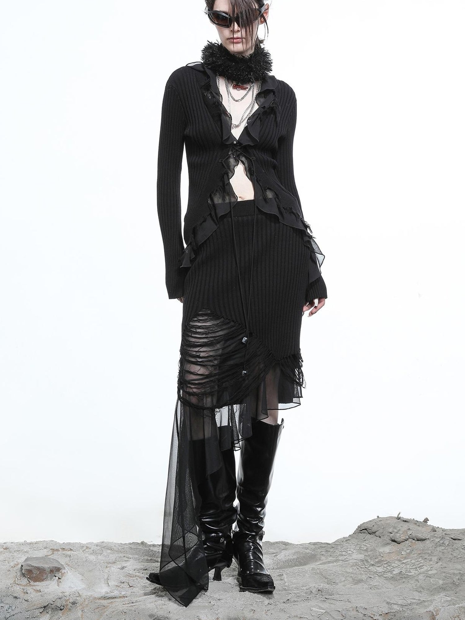 NN NORTH NODE Tattered Lace Mesh Trimmed Knit Cardigan