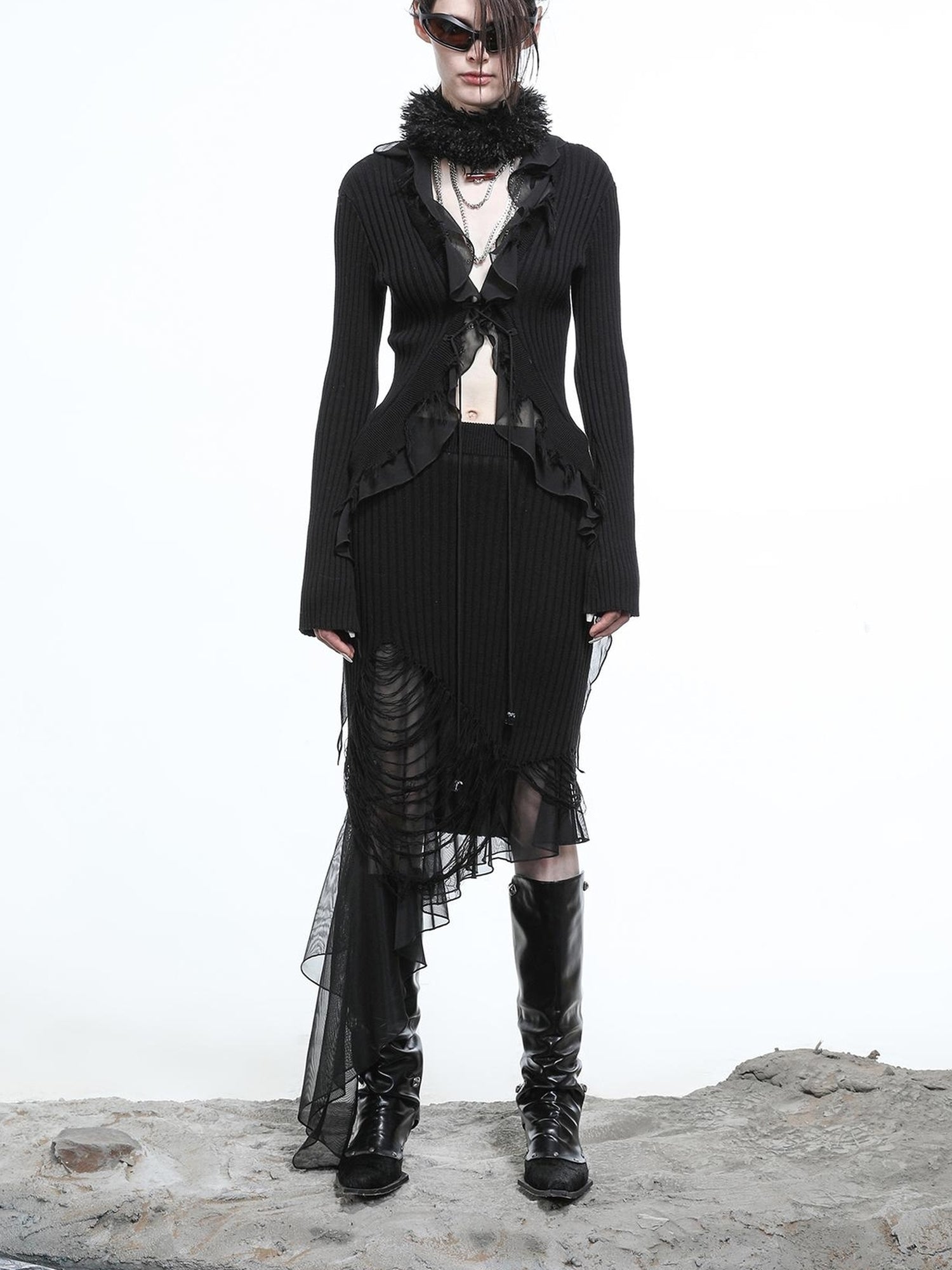 NN NORTH NODE Tattered Lace Mesh Trimmed Knit Cardigan