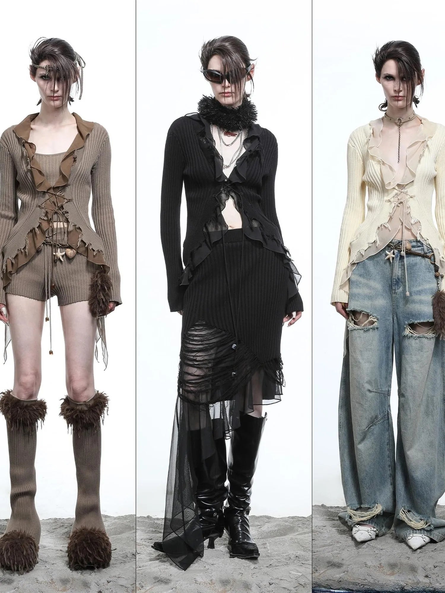 Tattered Lace Mesh Trimmed Knit Cardigan