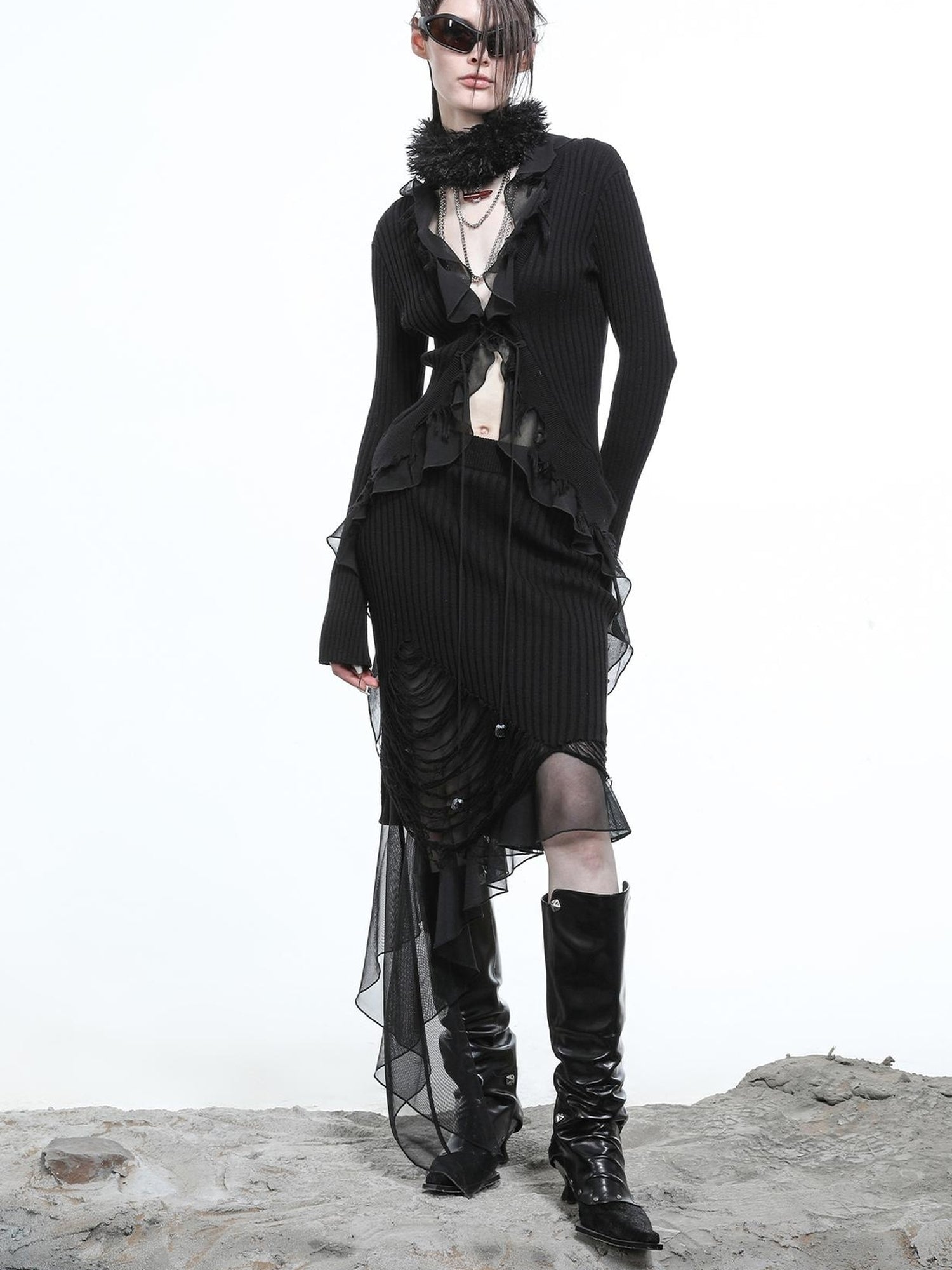 NN NORTH NODE Tattered Lace Mesh Trimmed Knit Cardigan