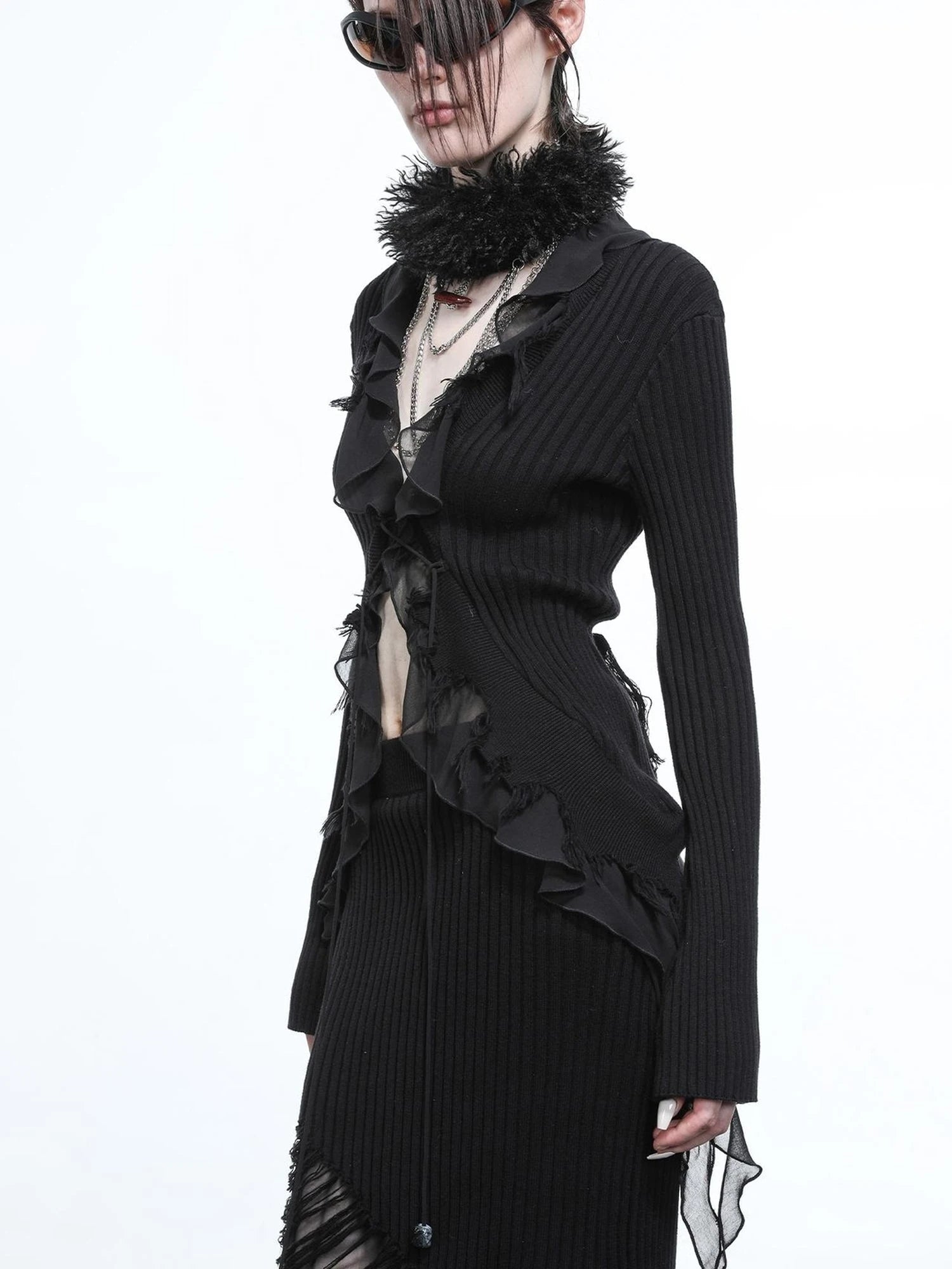 Tattered Lace Mesh Trimmed Knit Cardigan