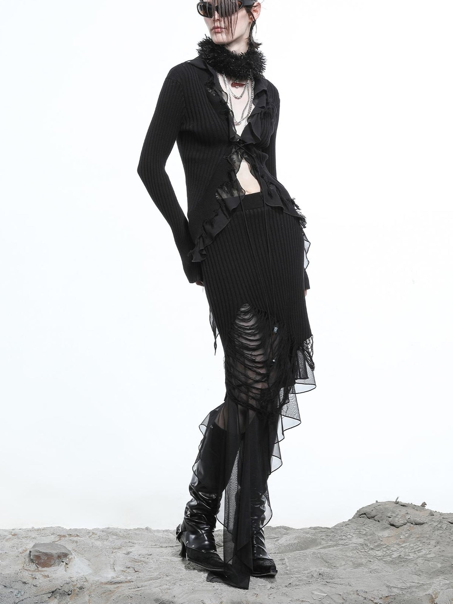 NN NORTH NODE Tattered Lace Mesh Trimmed Knit Cardigan
