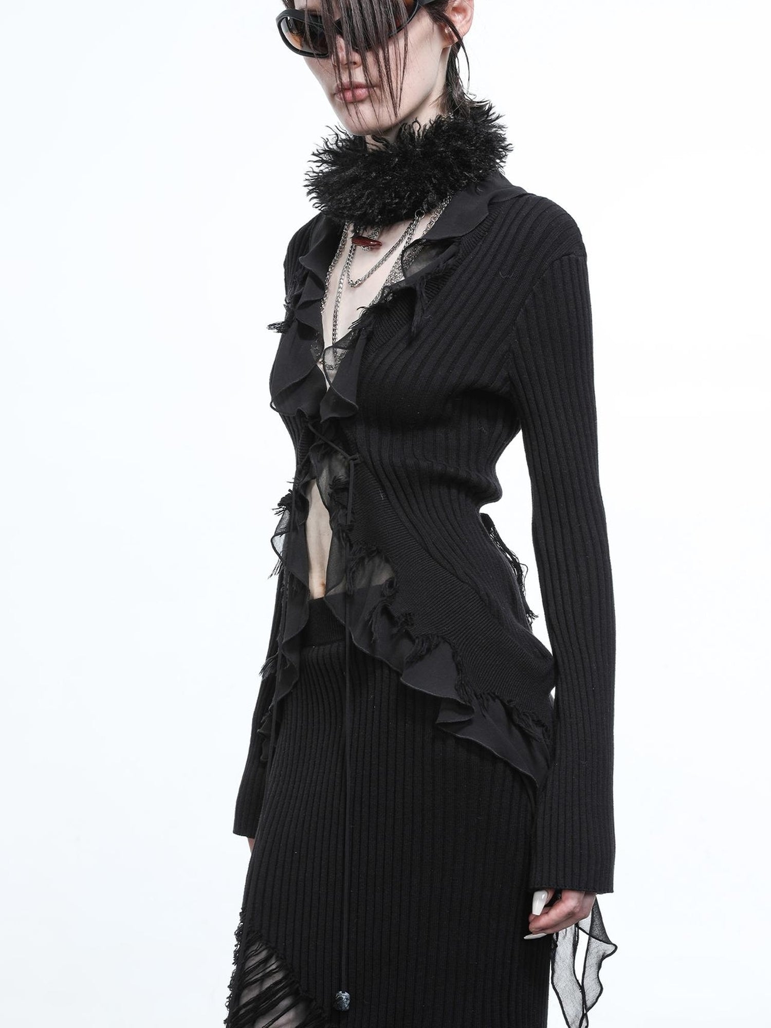 NN NORTH NODE Tattered Lace Mesh Trimmed Knit Cardigan
