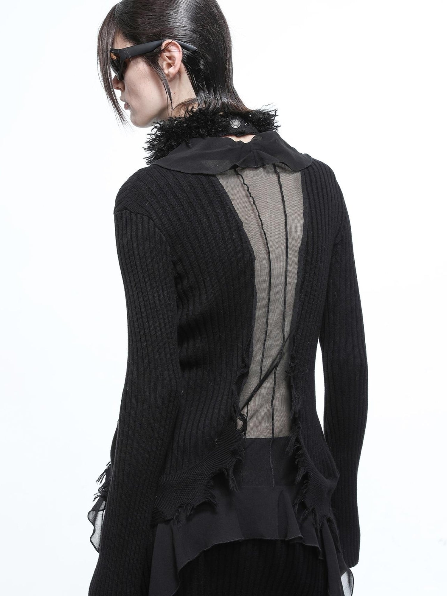NN NORTH NODE Tattered Lace Mesh Trimmed Knit Cardigan
