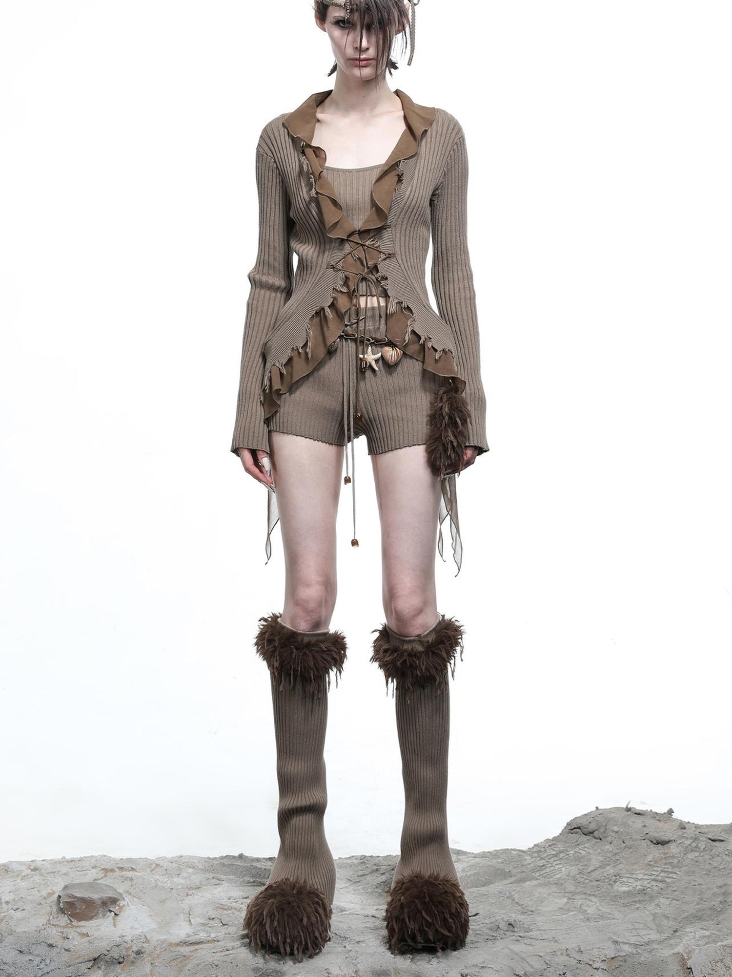 NN NORTH NODE Tattered Lace Mesh Trimmed Knit Cardigan