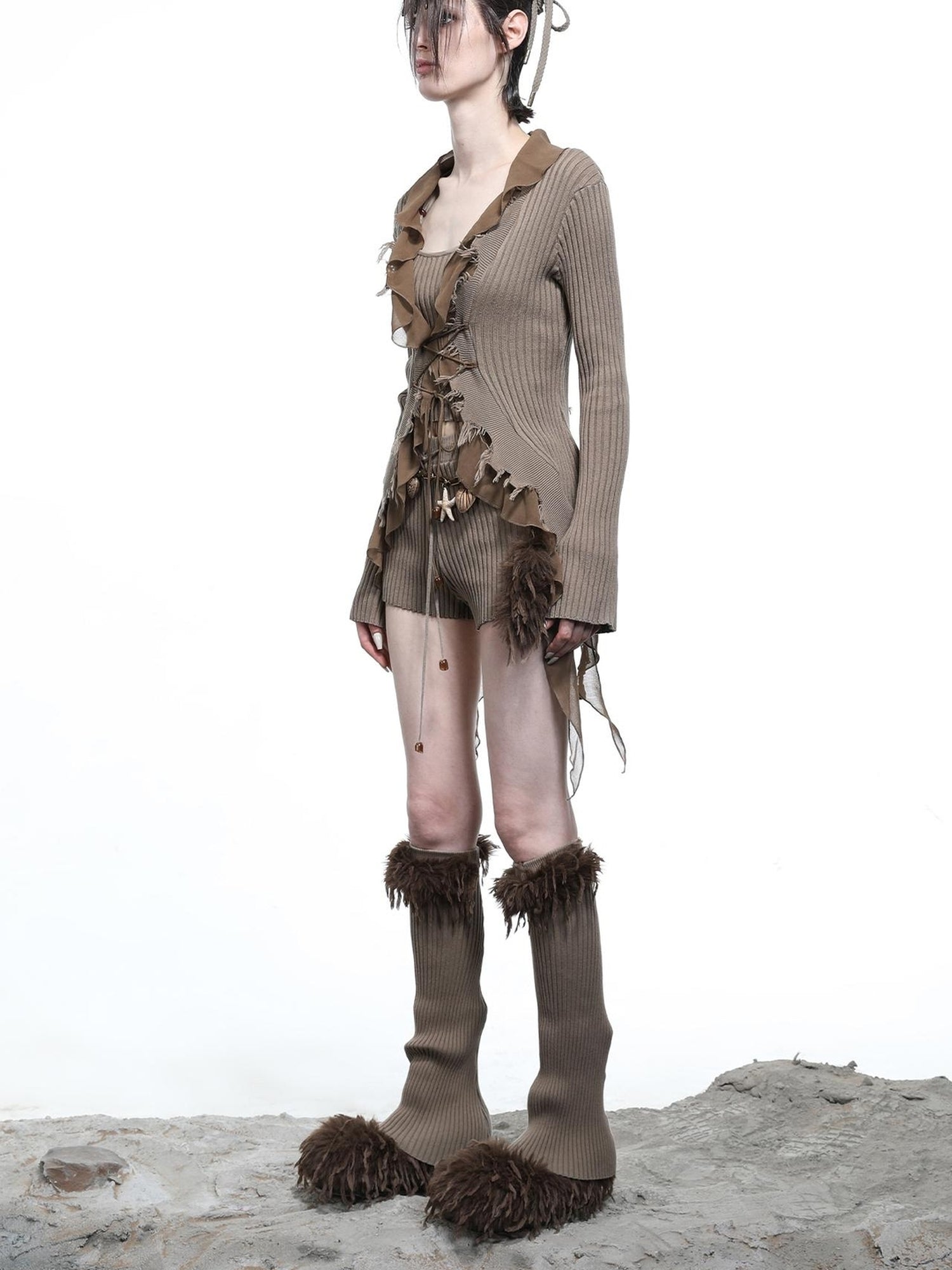 NN NORTH NODE Tattered Lace Mesh Trimmed Knit Cardigan