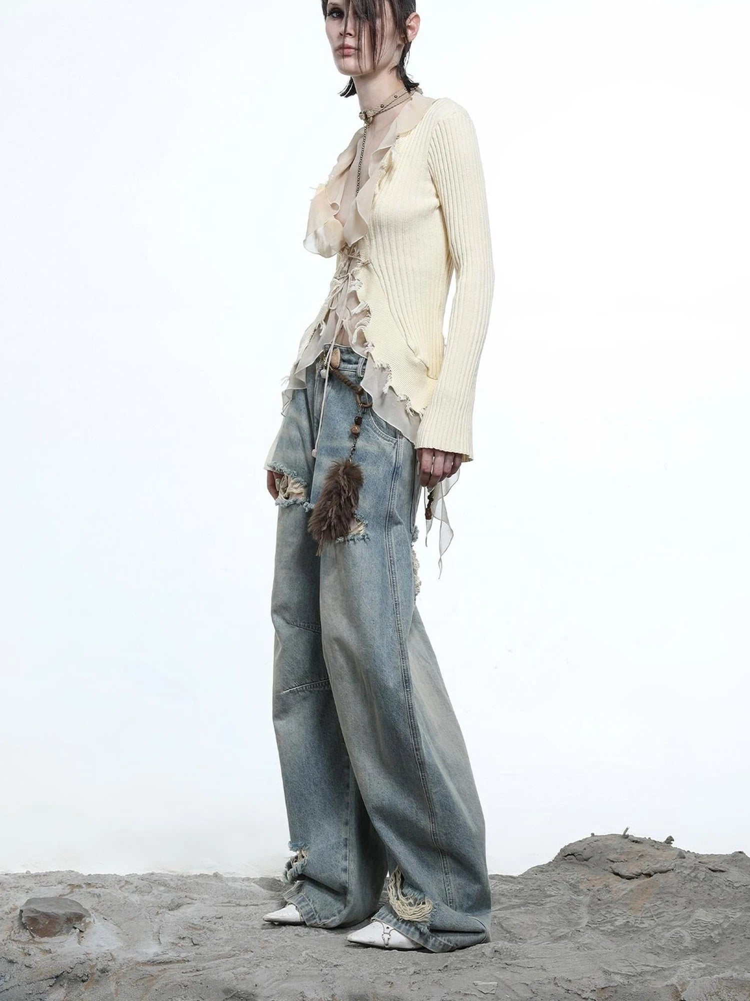 Tattered Lace Mesh Trimmed Knit Cardigan