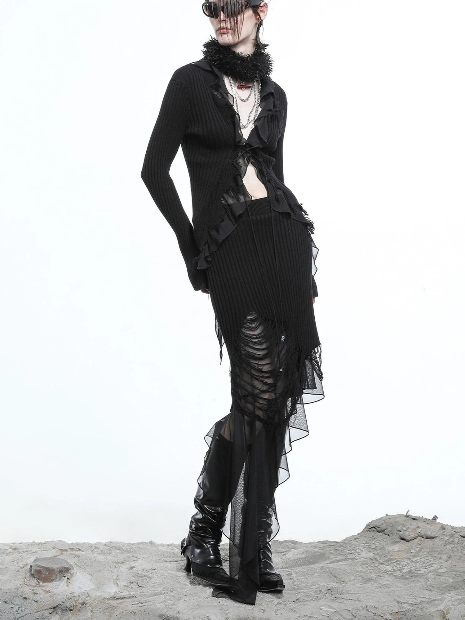 Tattered Lace Mesh Trimmed Knit Cardigan