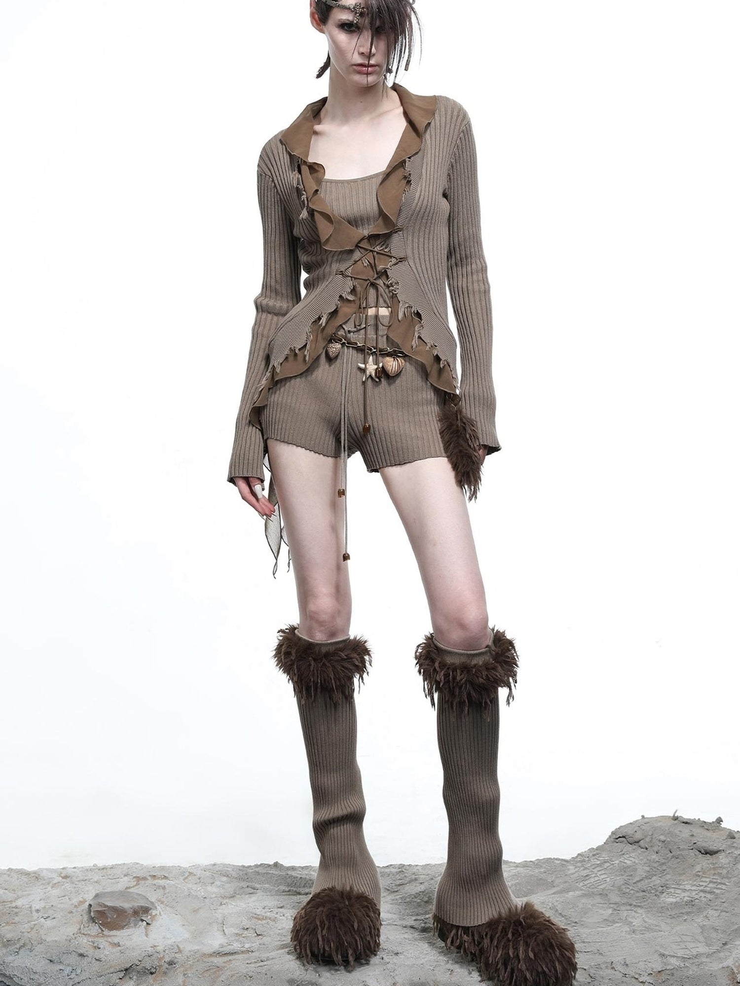 NN NORTH NODE Tattered Lace Mesh Trimmed Knit Cardigan