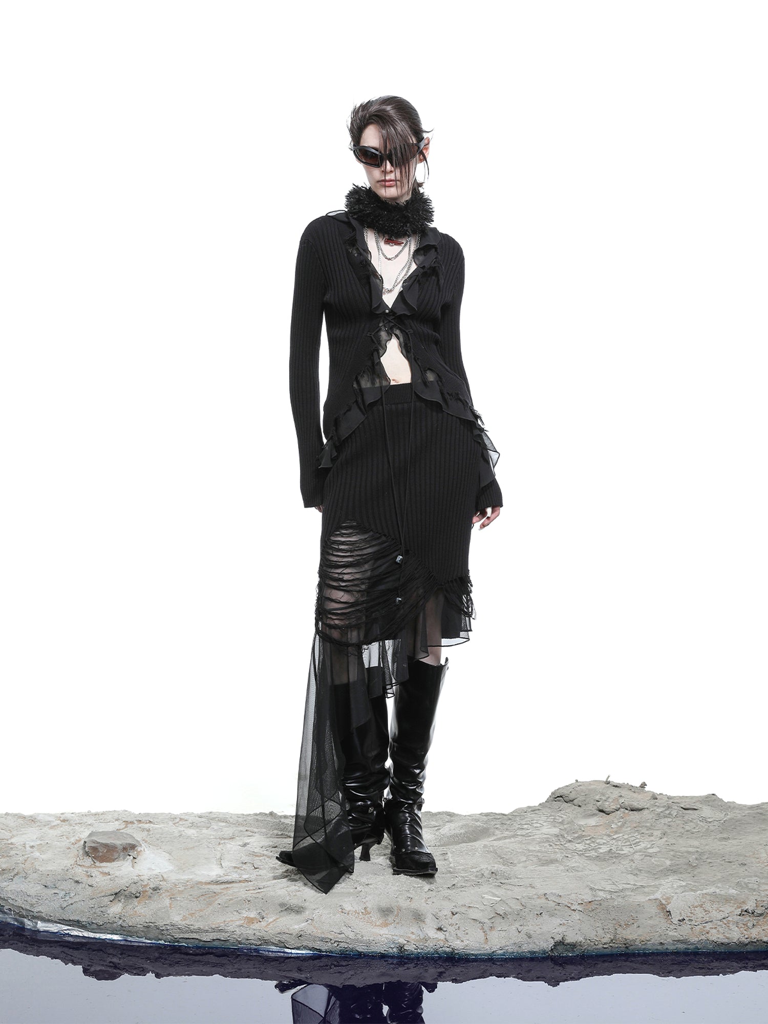 NN NORTH NODE Tattered Lace Mesh Trimmed Knit Cardigan