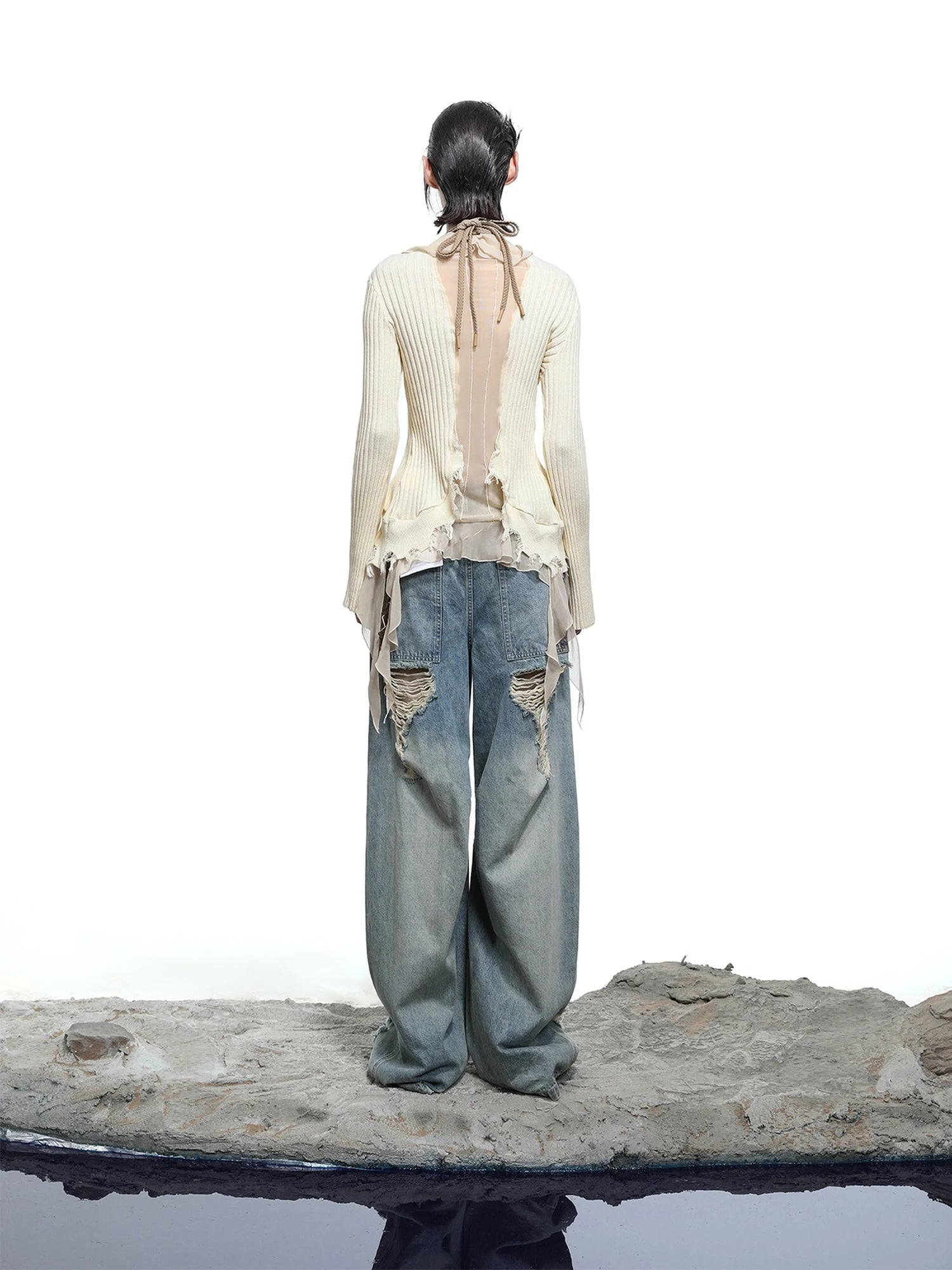 Tattered Lace Mesh Trimmed Knit Cardigan