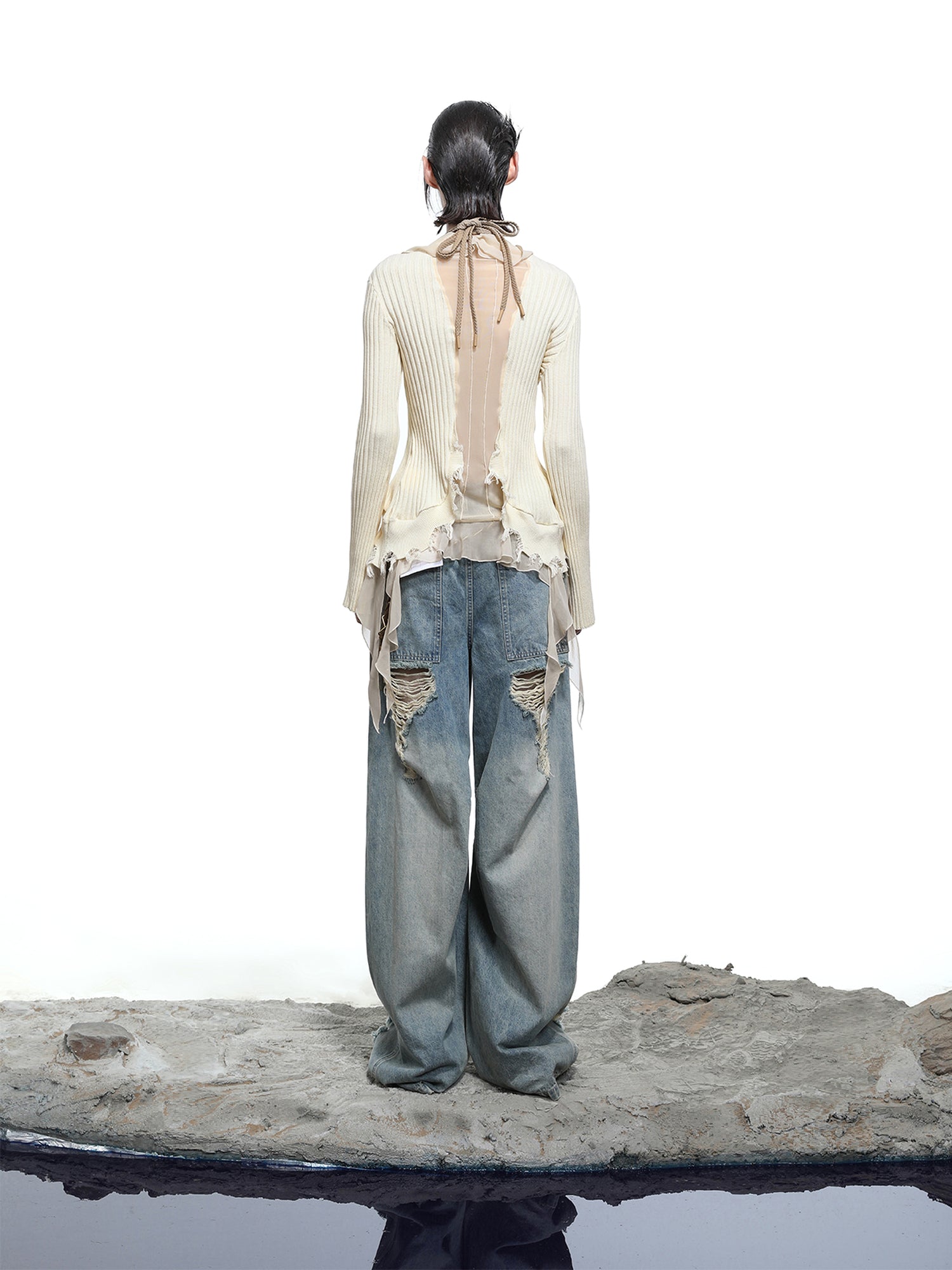 NN NORTH NODE Tattered Lace Mesh Trimmed Knit Cardigan